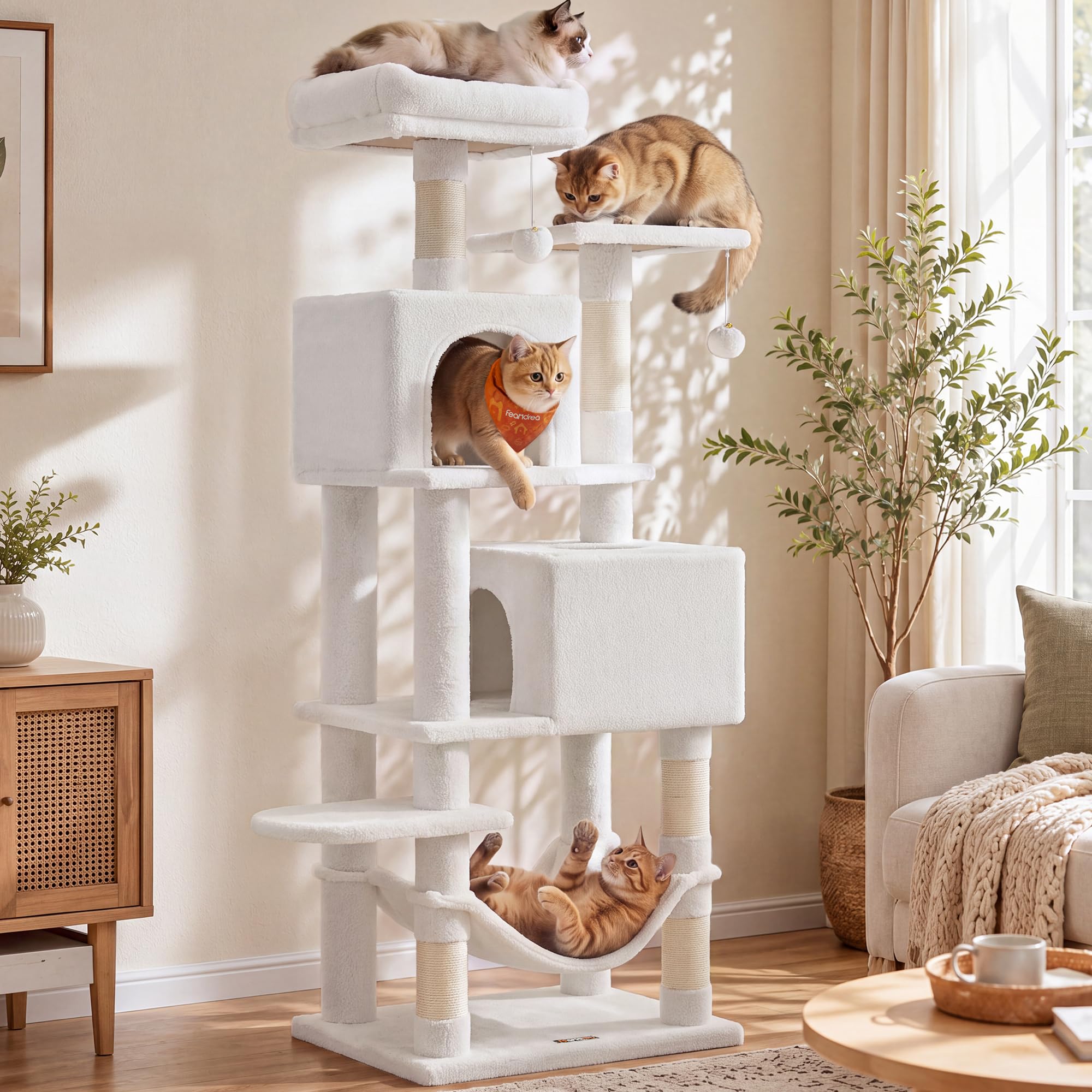 Feandrea Cat Tree, 59.5-Inch Tall Cat Tower, Multi-Level Condo, Cream White