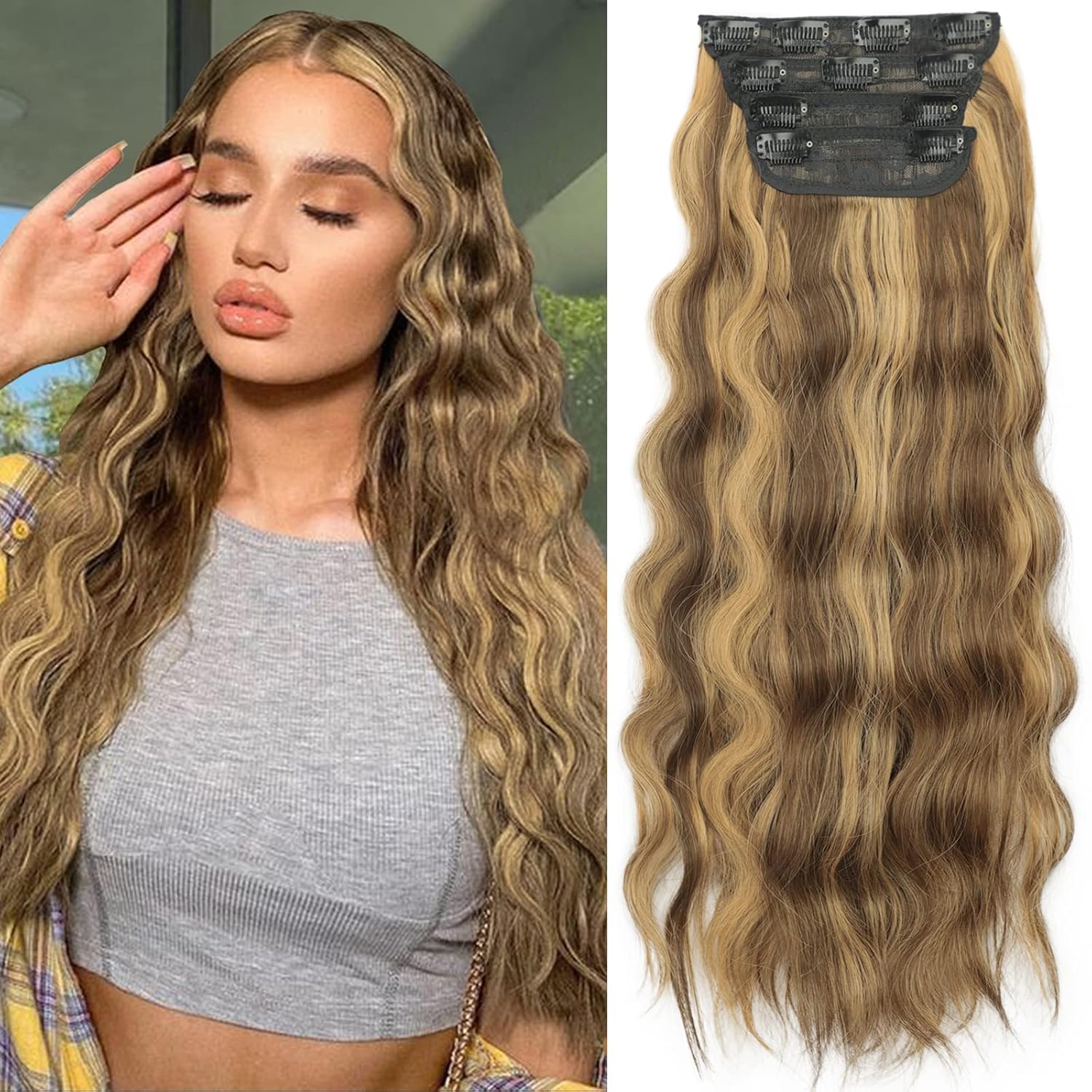 KooKaStyle Hair Extensions, 4PCS Clip in Long Beach Wavy Hair Extensions Thick Natural Hairpieces Double Weft for Women Full Head (20 Inch, Balayage Chocolate Brown to Caramel Blonde)