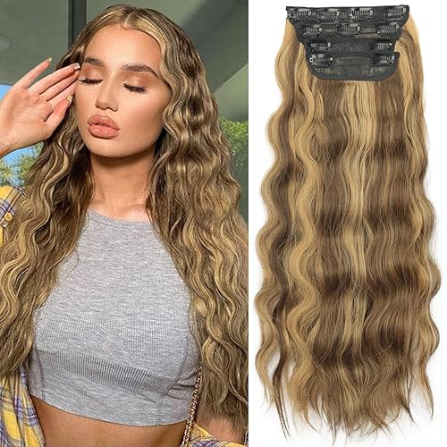 KooKaStyle Extensiones de cabello, 4 unidades, extensiones de cabello largo ondulado con clip, extensiones de cabello grueso natural, doble trama,
