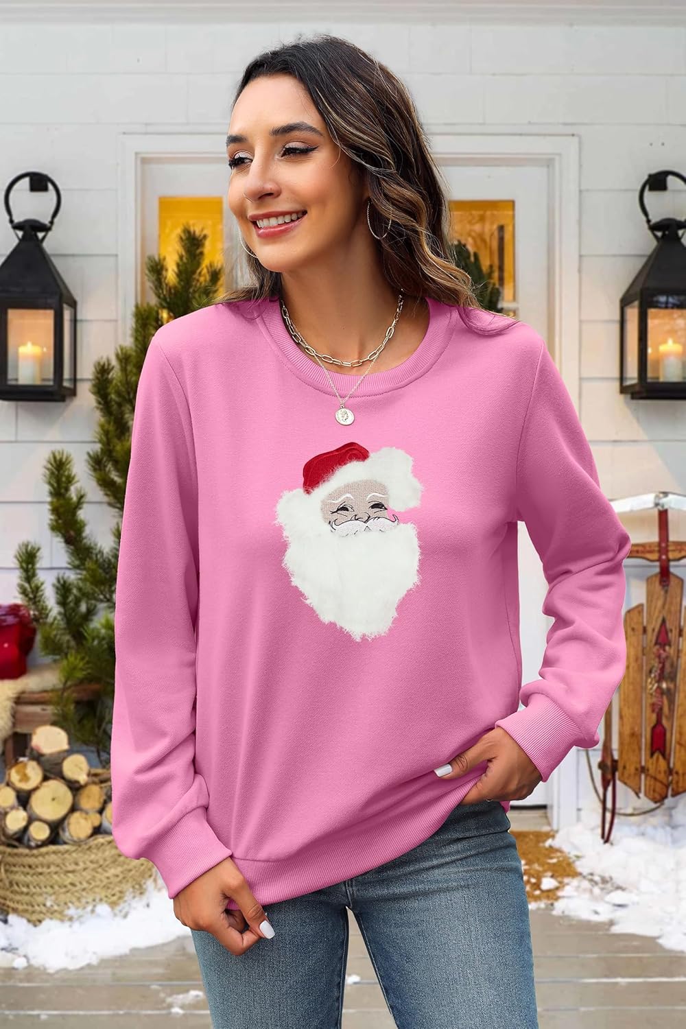 MNLYBABY Christmas Sweatshirt Women Funny Xmas Santa Shirt Santa Beard Graphic Pullover Crewneck Long Sleeve Top Pink - Image 3