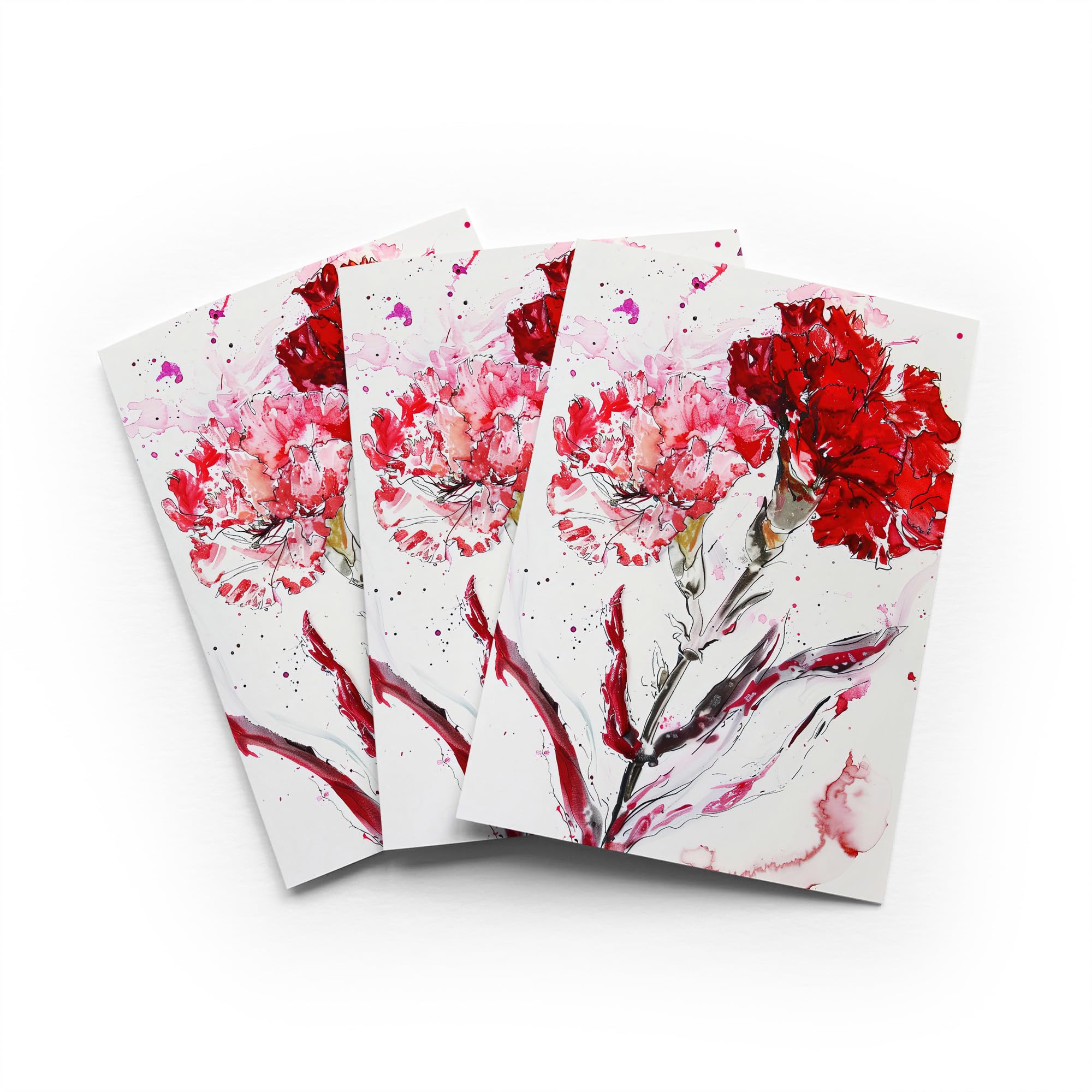 Red Carnation Greeting Card Abstract Floral Any Occasion Set of 3 Blank Inside 5x7 Inch 13x18 cm
