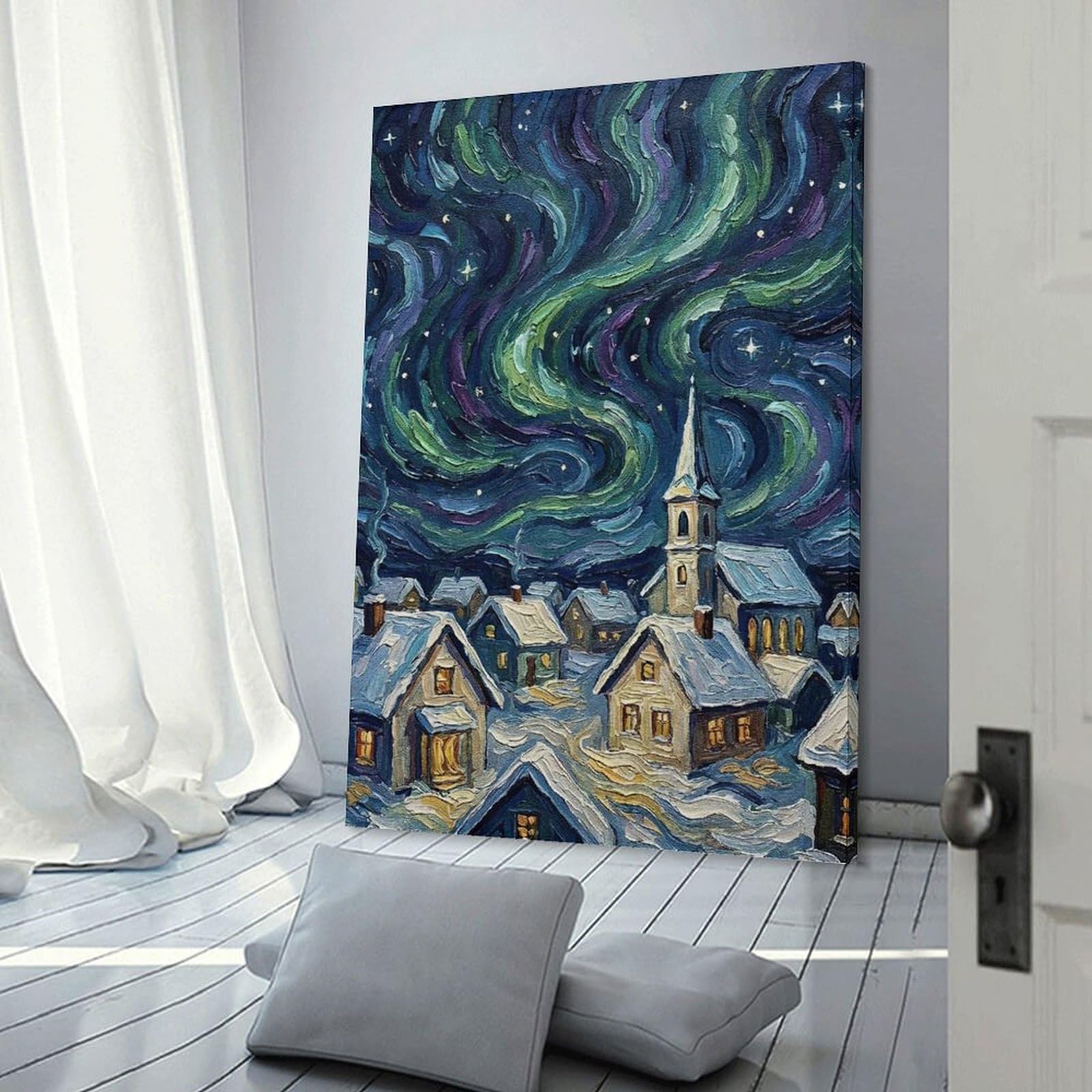 Junmoney Decorative Canvas Print Aurora Borealis Over Snowy Village, 20x30inch(50x75cm), for Living Room, Bedroom Or Home Office, Home Decor Gift with Stylish Appeal