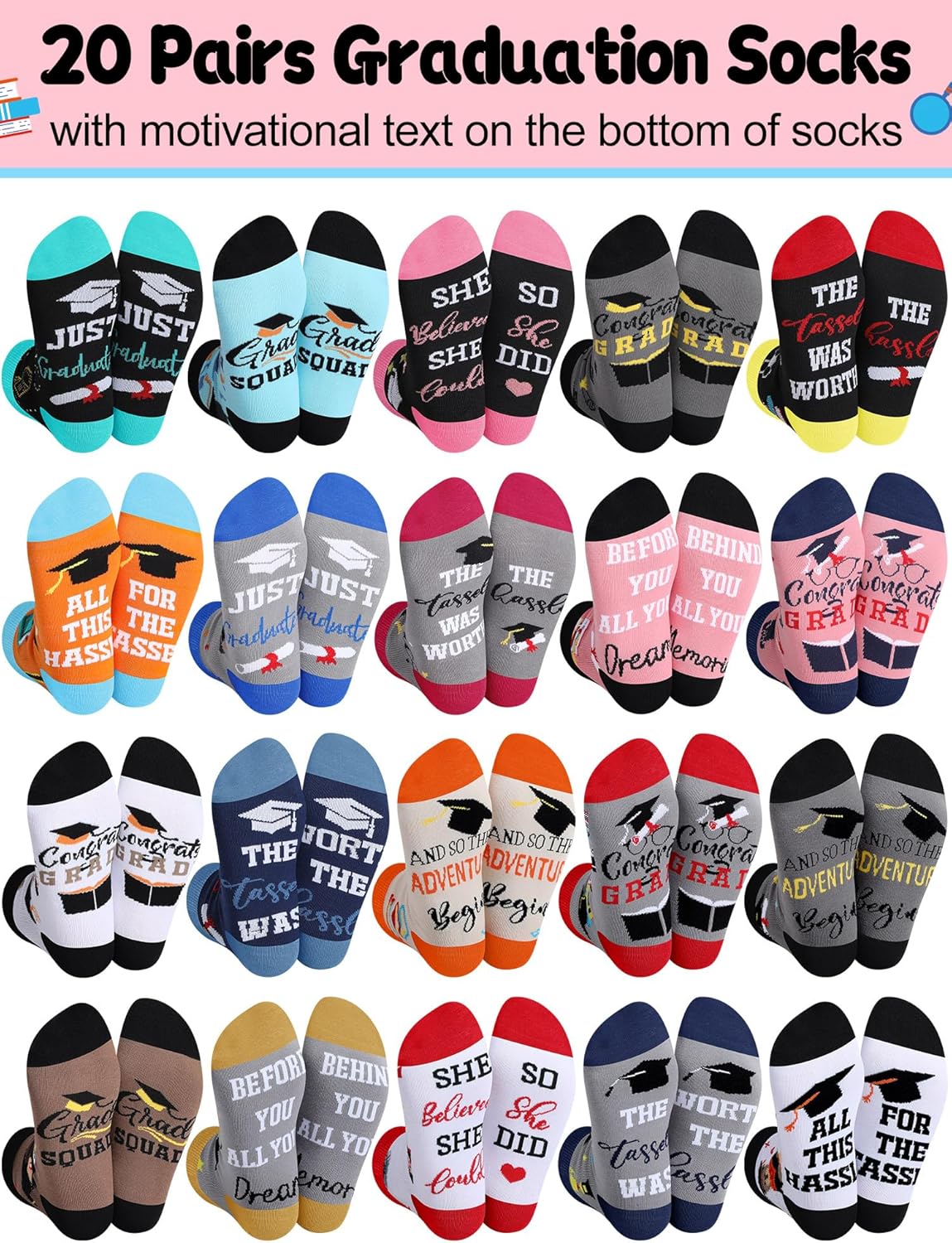Liitrsh 20 Pairs Graduation Ankle Socks Class of 2026 Novelty Graduation Gifts for Her and Him Unisex Soft Socks Bulk for College High School Congrats Grad Gift