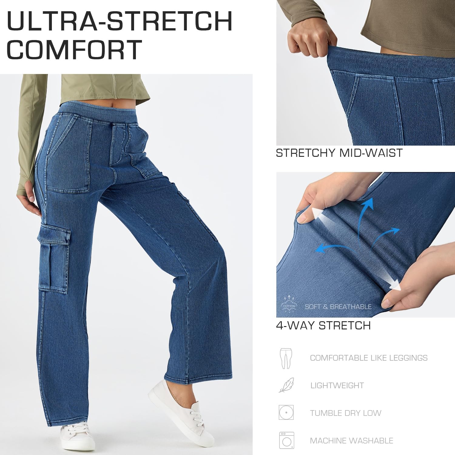 Women’s Pull-On Cargo Jeans - Mid Rise Wide Leg, Soft Stretch Denim, Comfort Fit with Pockets - Image 5