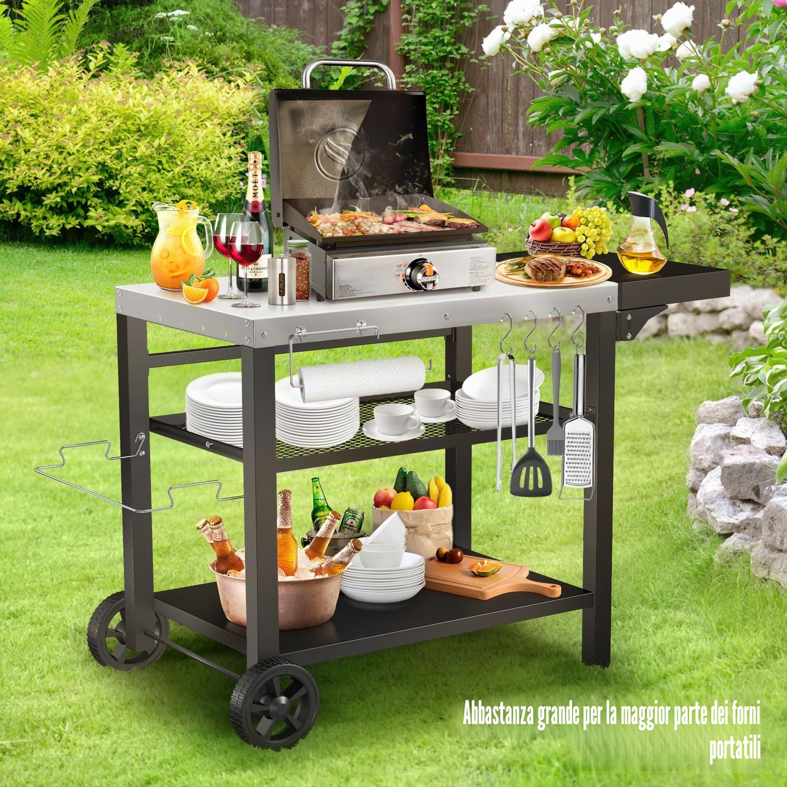 GFTIME Tavolo da Barbecue in Acciaio Inox Con 3 Piani, Supporto per Pizza, Carrello da Lavoro Con 4 Ganci per Esterni, Tavolino da Servizio, 116 x