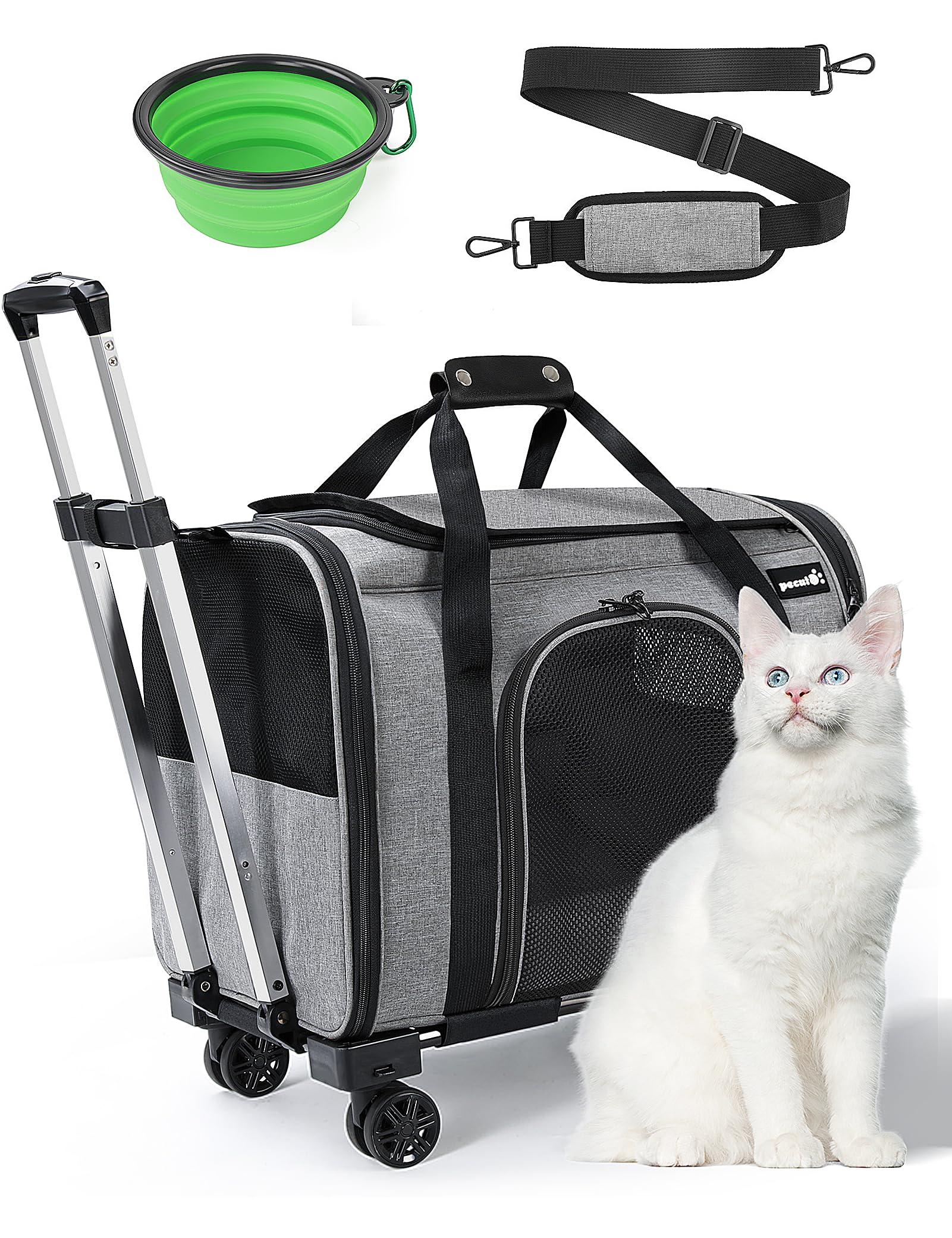 Pecute Cat Carrier with Wheels Large Up to 22lbs with Pet Nest and Bowl, Pet Travel Carrier, Smooth 360 Dual Wheels Pet Rolling Carrier, Comfortable, Breathable and Safe for car Travel Bus Subway