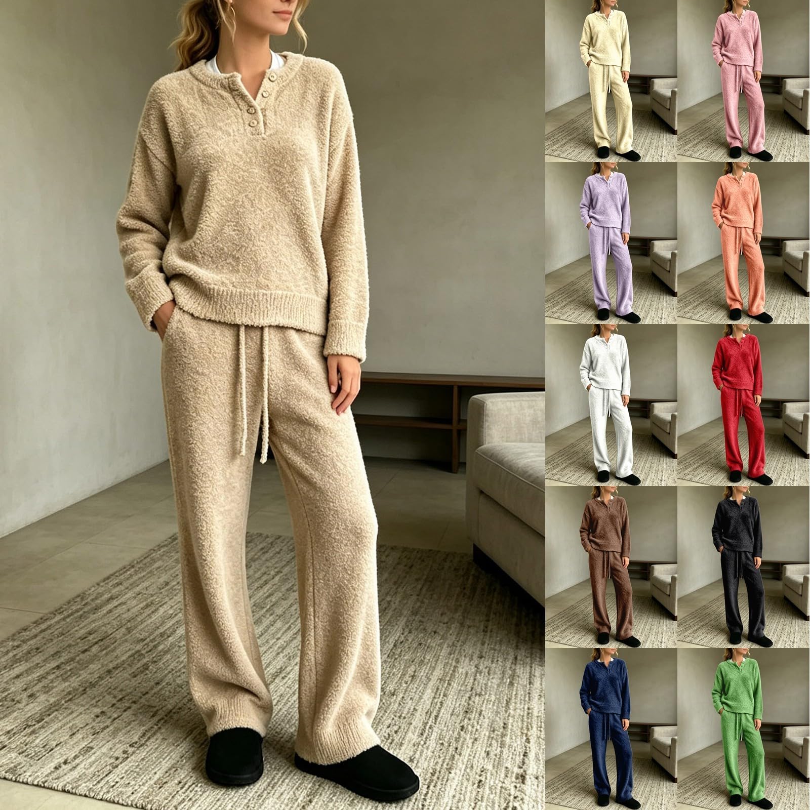 Completo termico da donna in 2 pezzi con top a maniche lunghe e pantaloni con tasche ed elastico in vita alta, tinta unita e foderati, completo invernale a gamba dritta con maglia a righe ispessita,