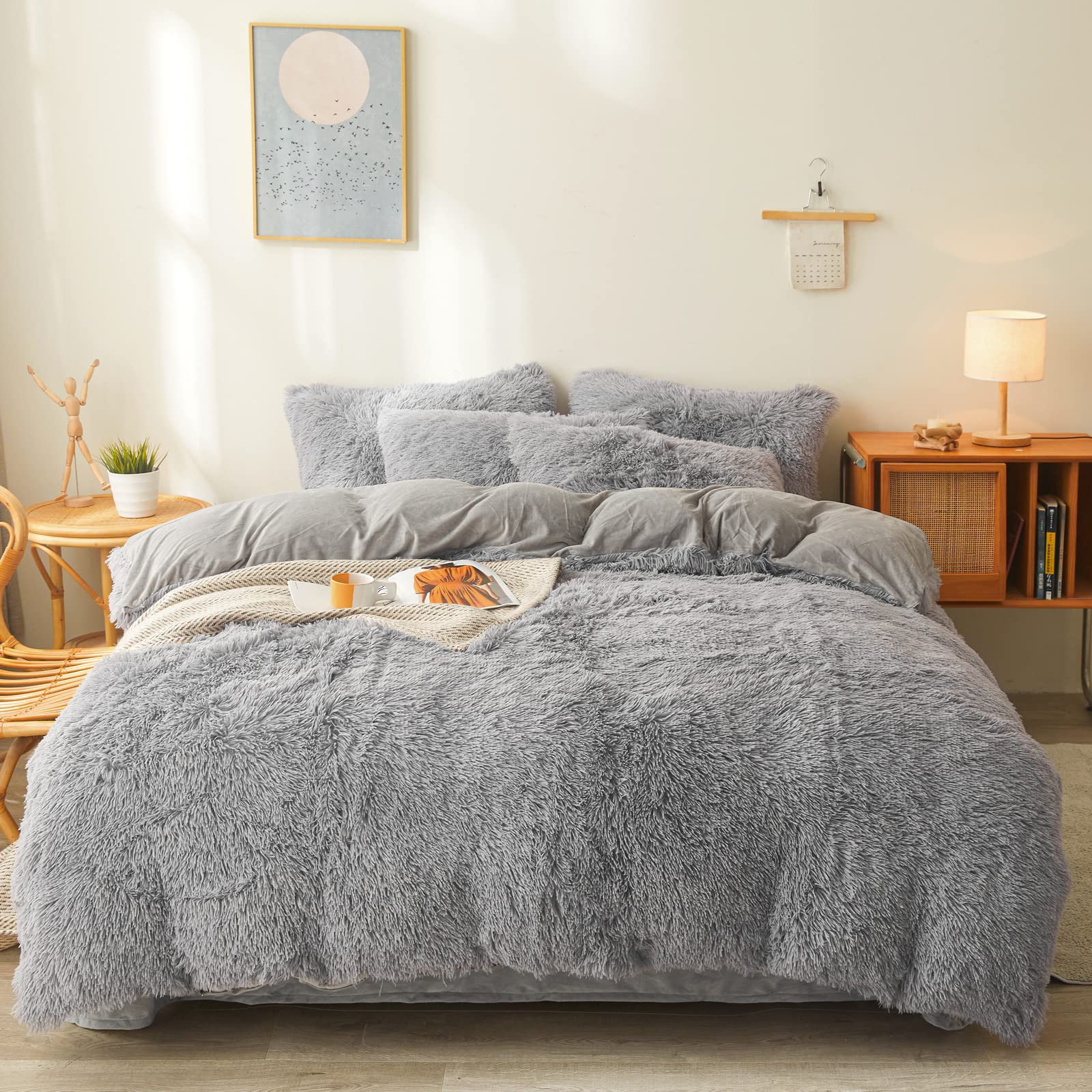 FOPPA Plush Comforter Cover Set Queen - Ultra Soft Fuzzy Gray Bedding 3 Pieces (Faux Fur Duvet Cover + 2 Shaggy Pillow Cases) Fluffy Bed Set