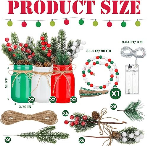 Miniatura 2 de Suclain 6 juegos de centros de mesa con tarros de albañil de Navidad con luces LED, cono de bayas artificiales, palillos de pino, guirnalda de