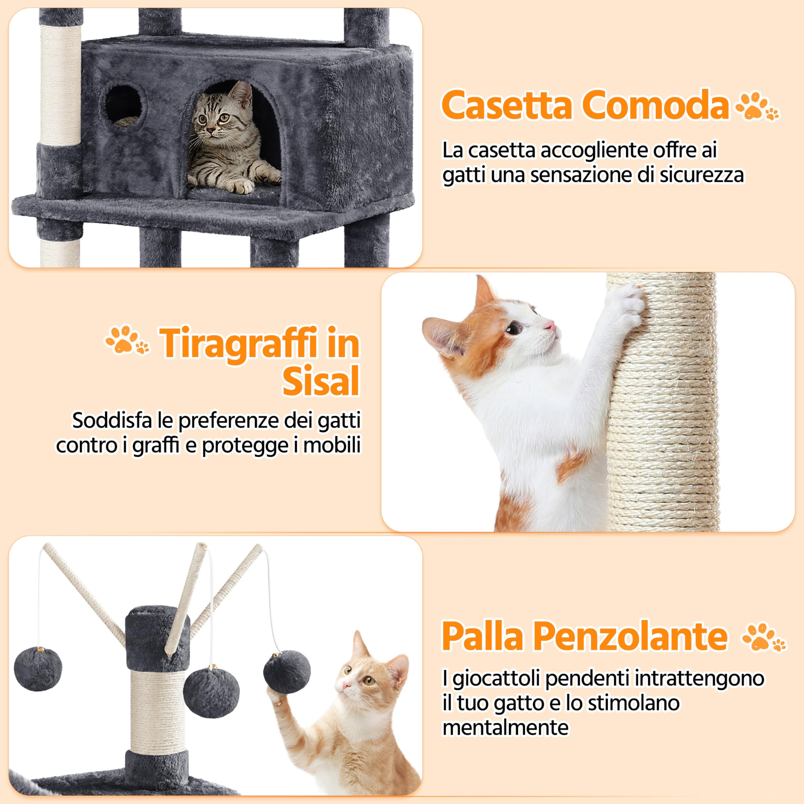 Yaheetech Albero Tiragraffi per Gatti 170 cm in Truciolato e Sisal con Posatoio Palla da Gioco Condomini Grigio Scuro
