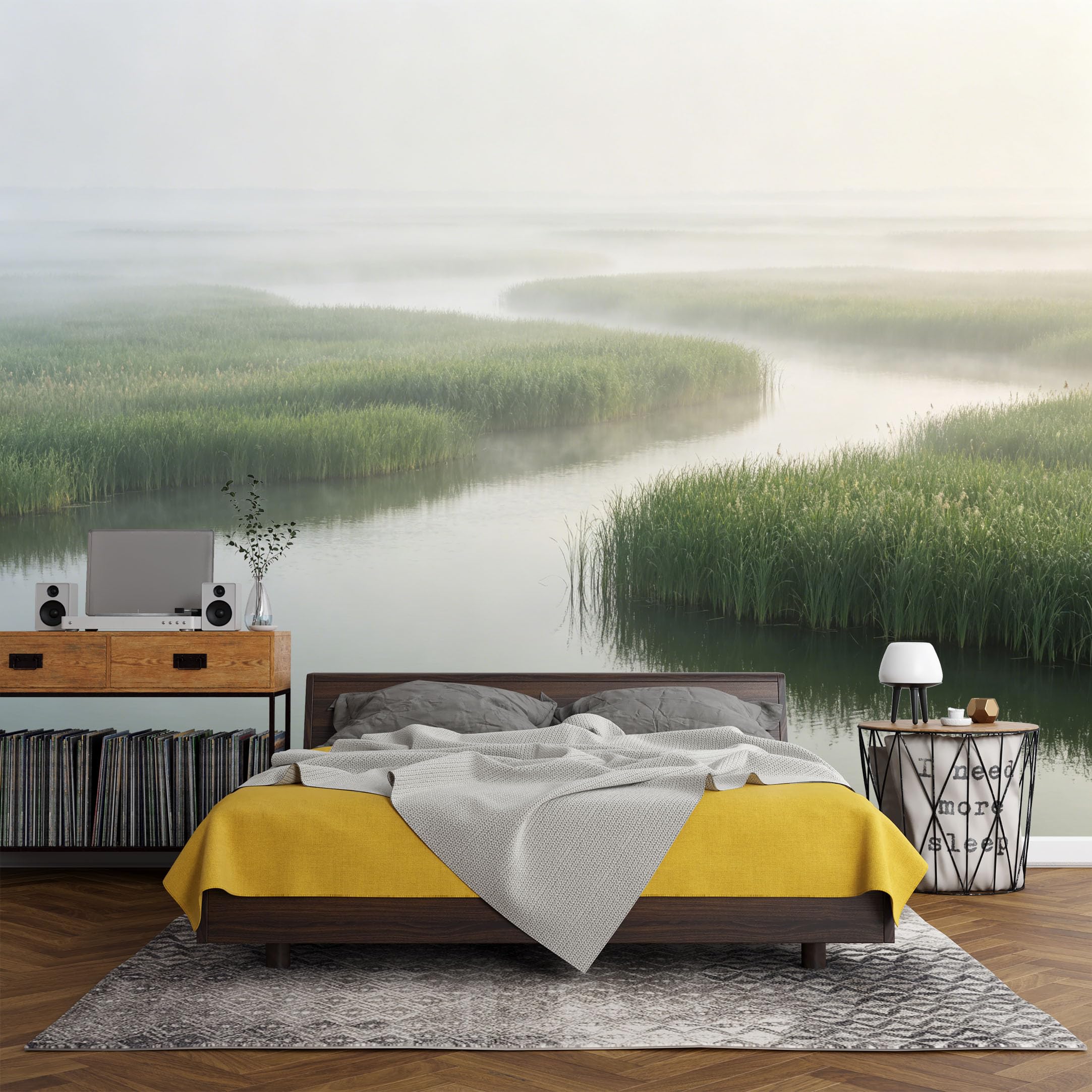 Custom Size Wall Mural， Landscape Misty River Wetland Reeds Serenity Nature View，SelfAdhesive Art Prints wall Fabric (No PVC) Removable Wallpaper Living Room Decor