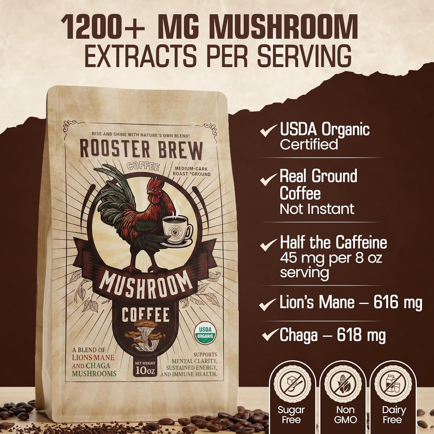 Mushroom Coffee,Real Ground Coffee (Not Instant) Rooster Brew Organic Ground – 1200mg Lion’s Mane & Chaga – Medium Roast Arabica – Low Acid Half Caff – 10oz