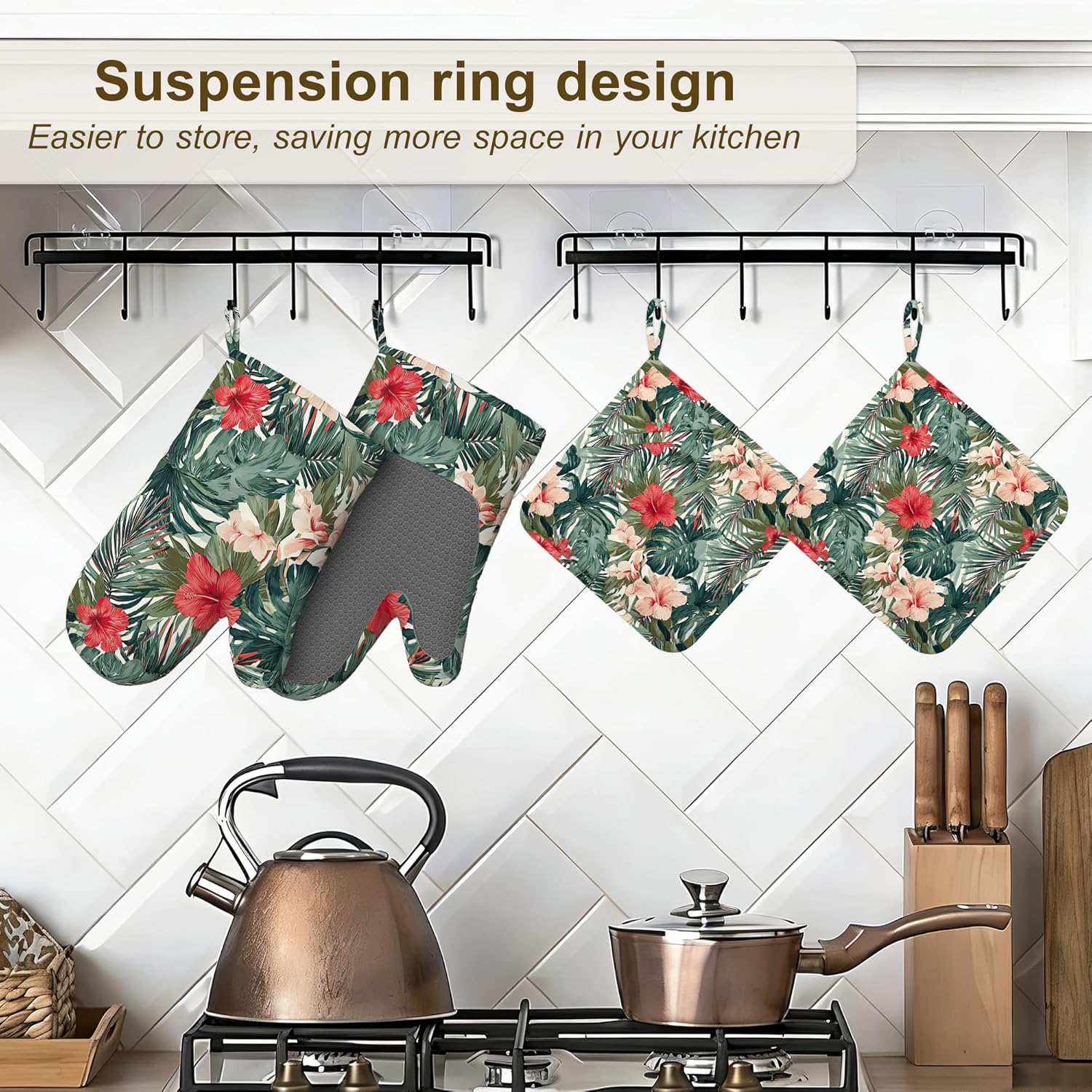 Hawaiian Oven Mitts and Pot Holders Set of 4, Heat Resistant Non SlipTropical Palm Leaves Kitchen Gloves Hot Pads,Chef Cooking Baking Gifts for Women Bakers,Kitchen Cooking Lover Cooks