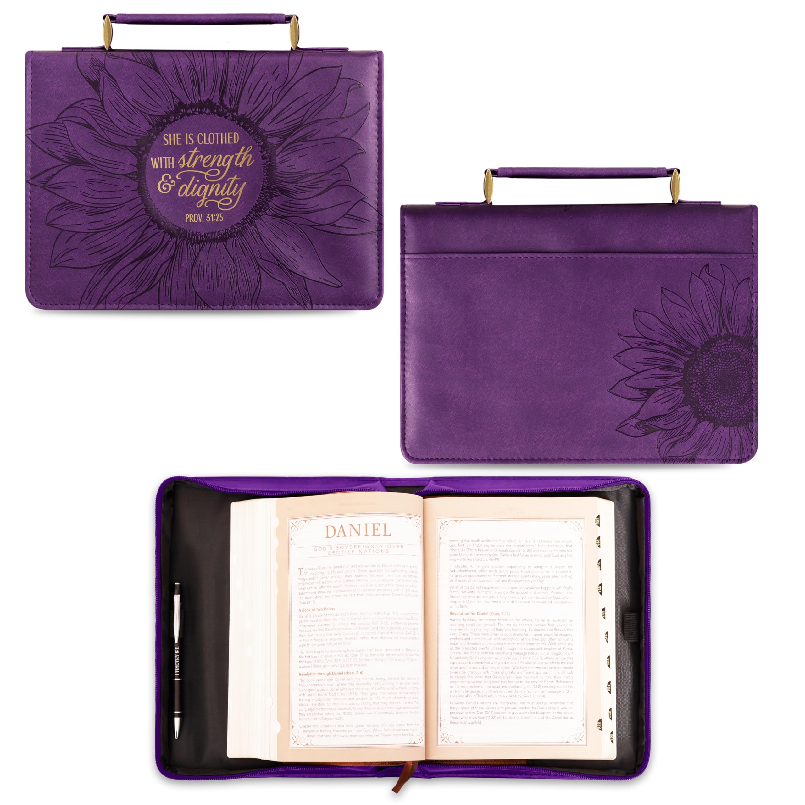 Christian Art Gifts Moda Donna Bibbia Cover Forza e Dignità Proverbi 31:25, Viola/Oro Girasole Ecopelle, Medio