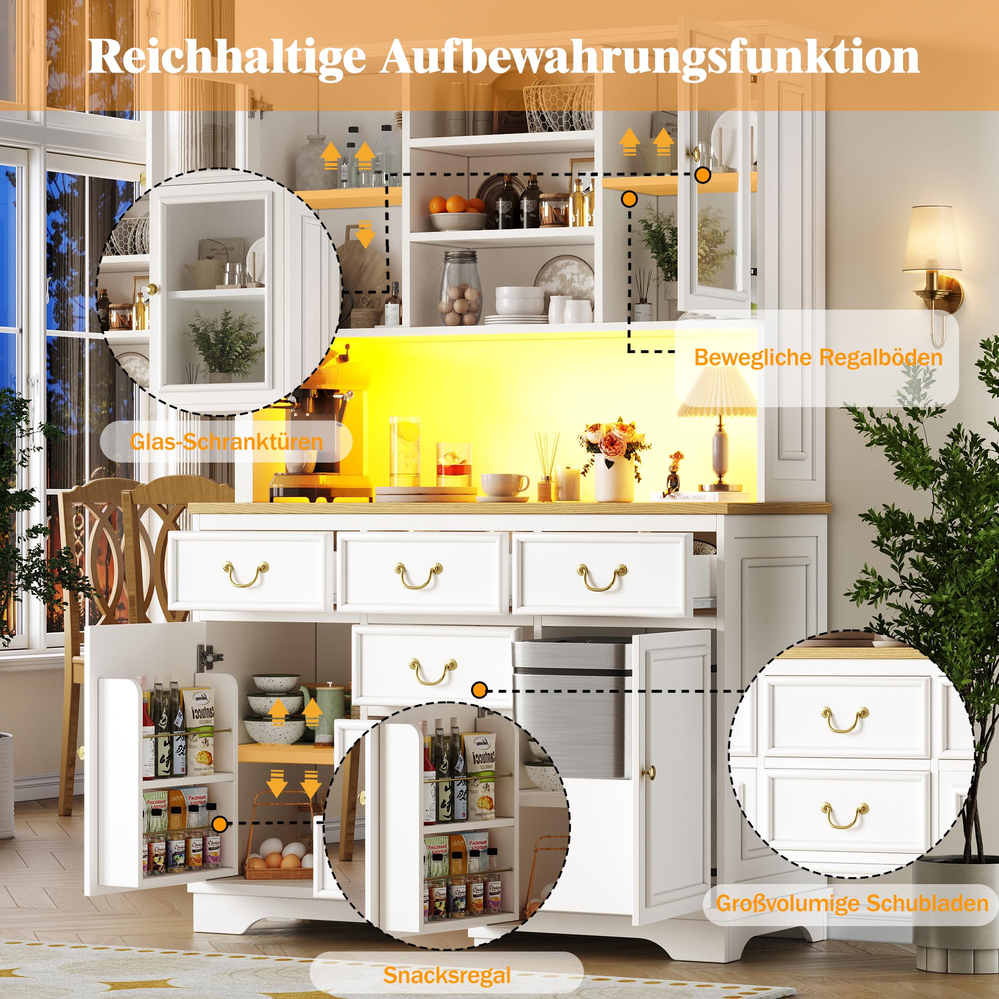 Küchenschrank Hochschrank mit LED,Buffetschrank Esszimmerschrank mit USB-Anschlüssen & Steckdosen,Küche Aufbewahrungsschrank mit Snackregaltüren & Standorte der Mülleimer,118×39.5×180cm