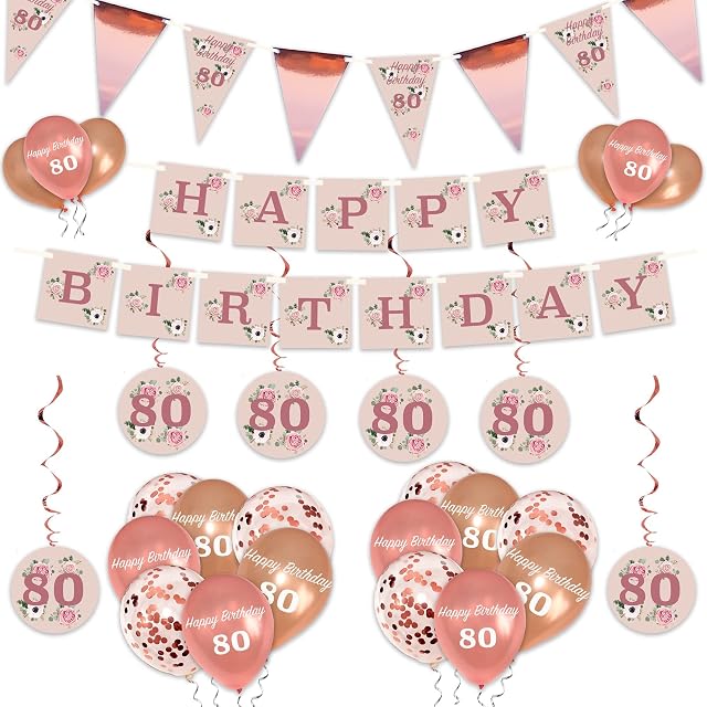 80th Birthday Decorations 20Pcs, Rose Gold Party, Pink & Floral Balloons, Flag Bunting, Floral Banner & Hanging Decorations for Girls and Women