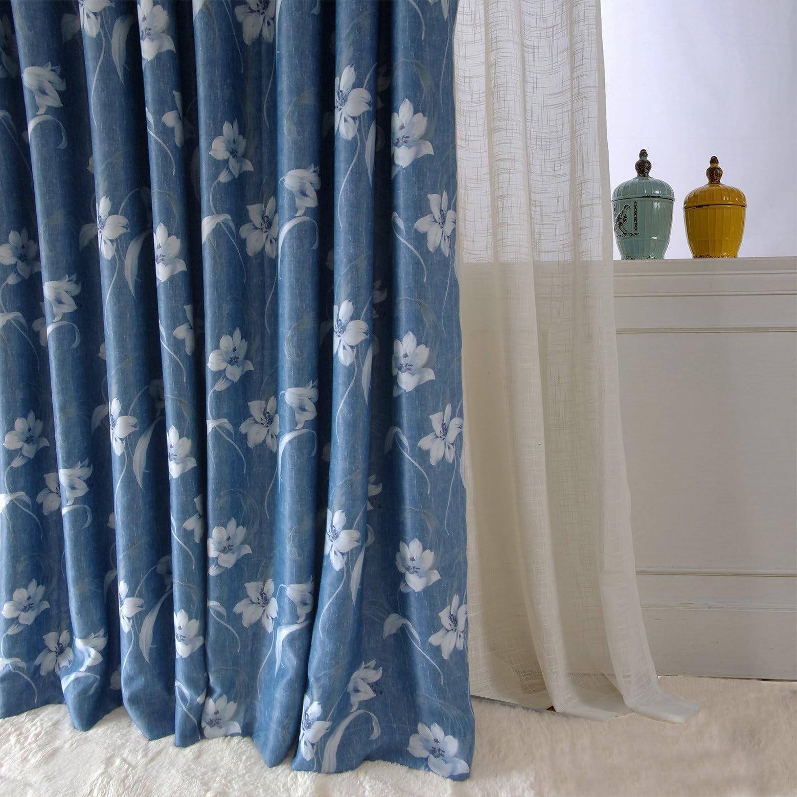 Anady Top Navy Blue Curtains White Flower Drapes Soft Room Darkening Curtains Bedroom Drapes Grommet 100 inch Lenght 2017 New