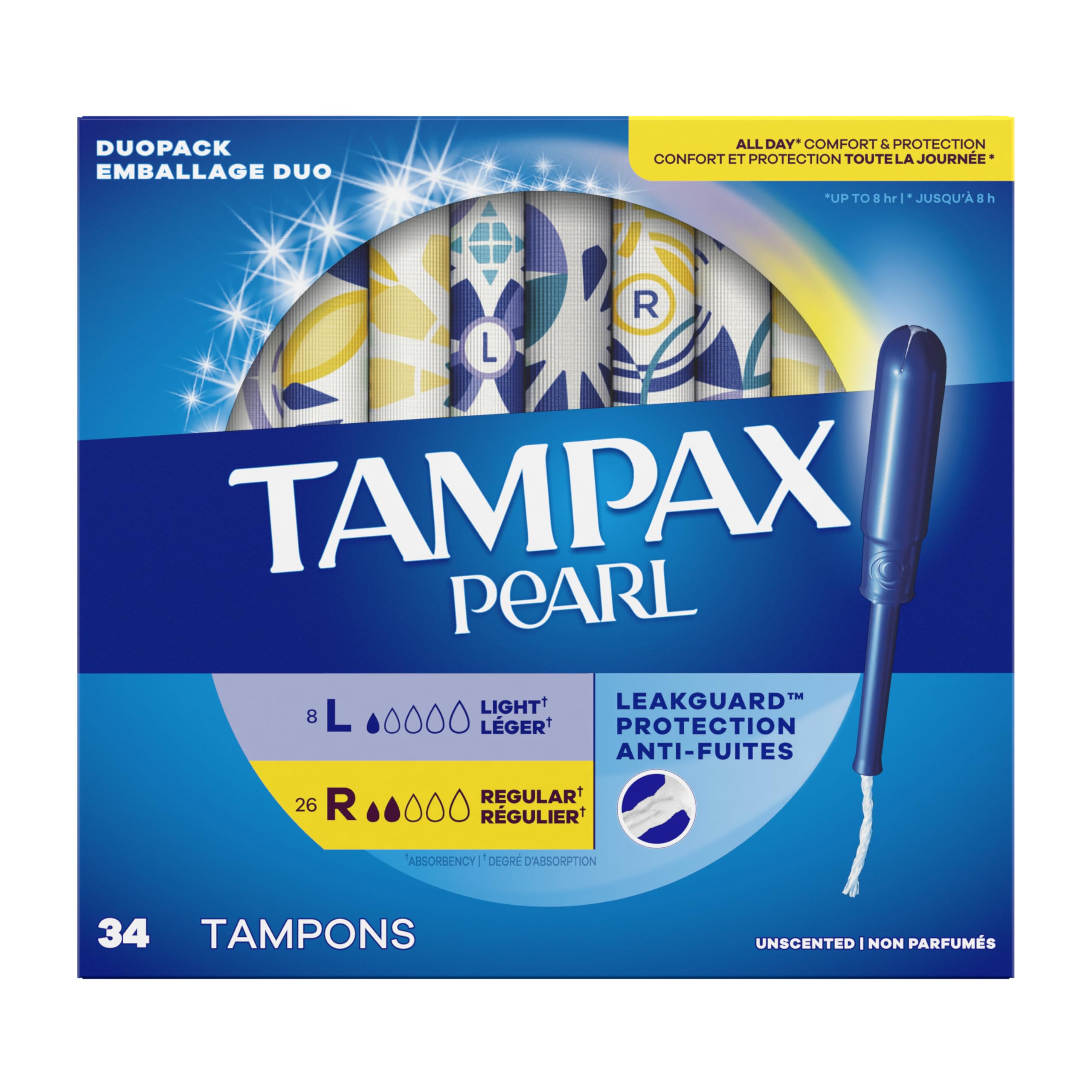 Tampax Pearl Tampons Multipack, leichte/normale Saugfähigkeit, mit Auslaufschutzgeflecht, geruchlos, 34 Stück x 6 Packungen (insgesamt 204 Stück)