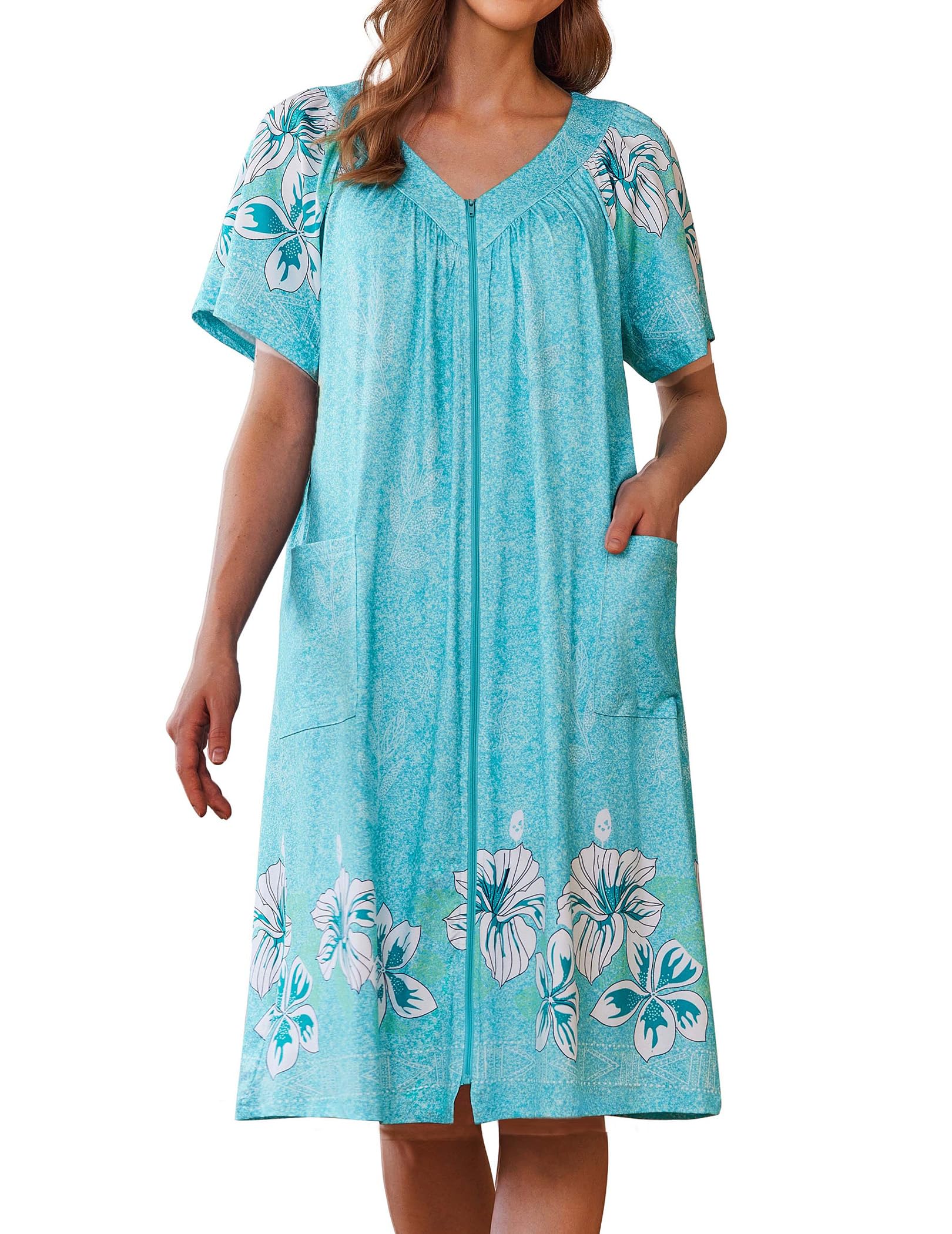 Ekouaer Women Robe Zipper Front Mumu Duster Robes Zip Up Housecoat Soft Sleepwear with Pockets