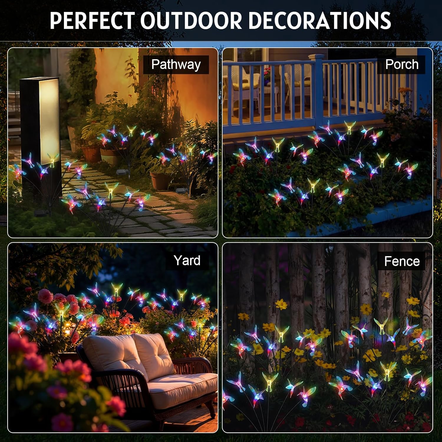 4 Pack Solar Hummingbird Lights Outdoor Garden, 6 Head Solar Swaying Pathway Stake Lights Waterproof for Yard Lawn Patio Walkway Landscape Decor