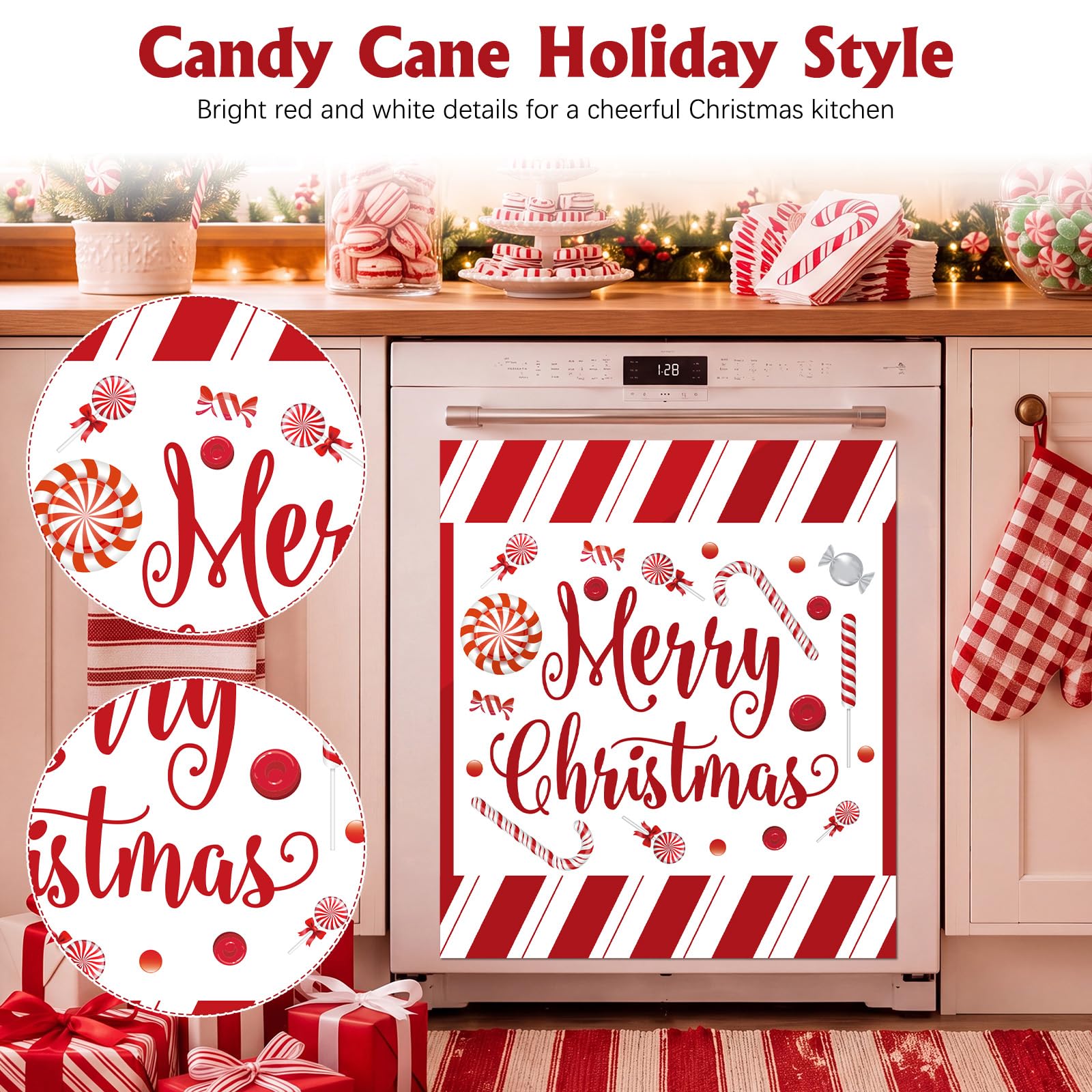 Kingdder Housse magnétique de Noël pour lave-vaisselle, 58,4 x 66 cm, décoration de Noël magnétique réutilisable pour lave-vaisselle, panneau avant de l'appareil de cuisine, rouge poivré