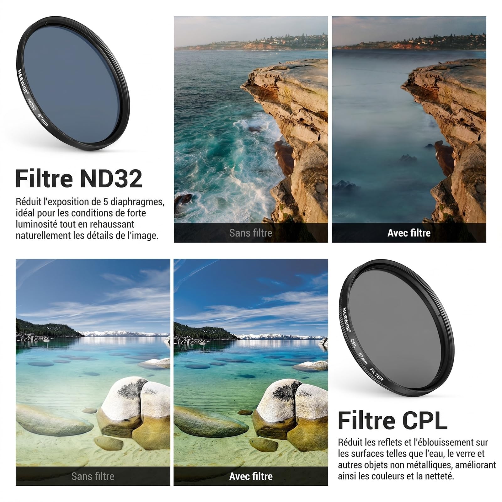 NEEWER 67mm Kit de filtres ND avec Clip Fixation pour Griffe Flash,7 Pack filtres: 4 filtres dégradés de Couleur+étoile+ND 32+CPL.Compatible avec iPhone 17 16,Android Samsung Galaxy S26 Ultra,FL-P15
