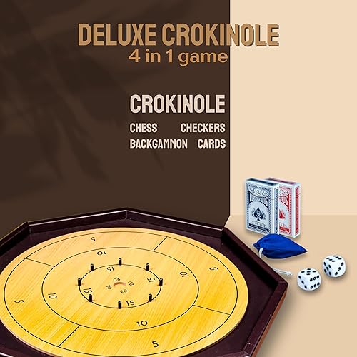 Miniatura 4 de Tradeopia Juego de mesa de Crokinole 4 en 1, tablero de ajedrez, damas y backgammon, juego de herencia canadiense para amigos y familiares, el juego