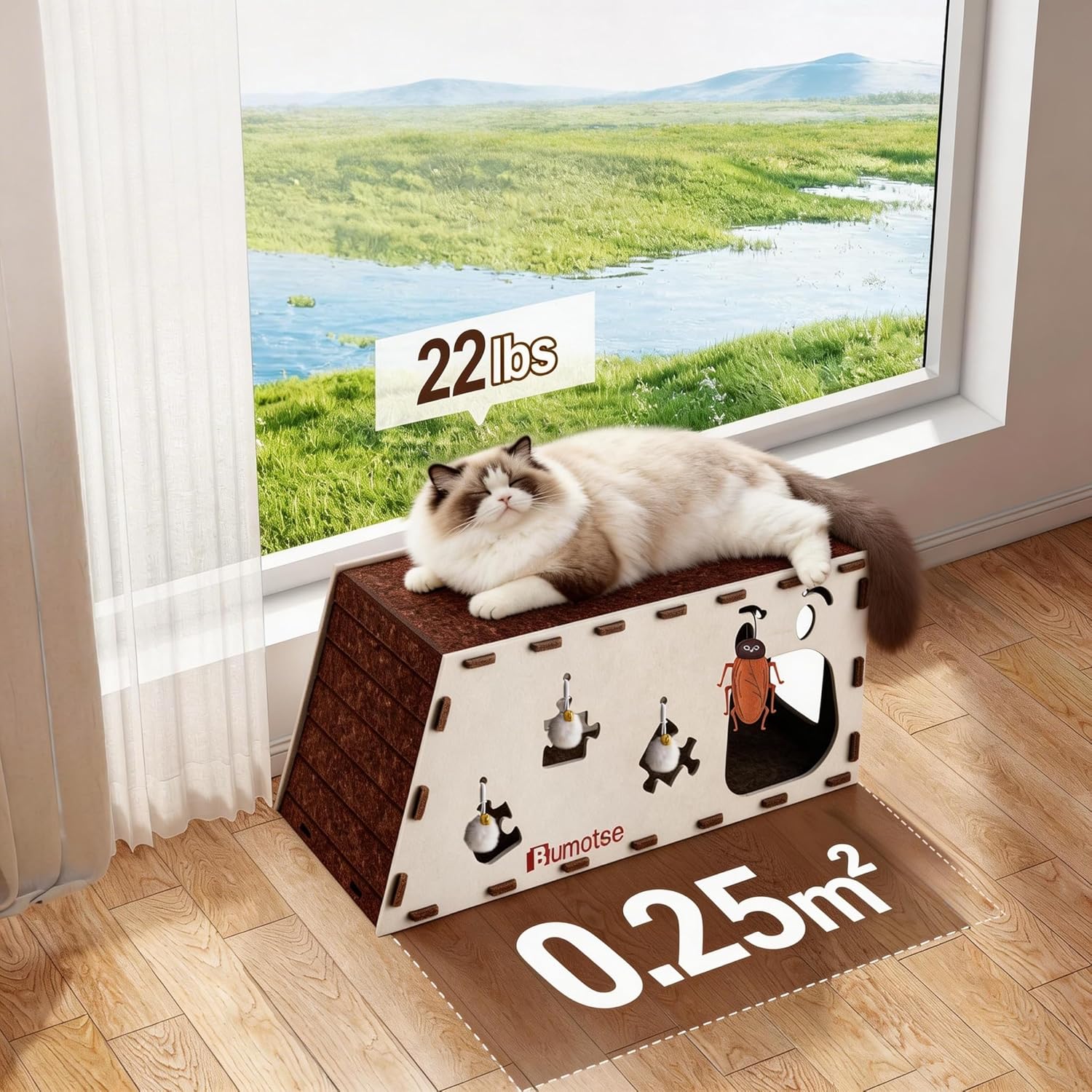 2-Story Large Cat Condo for Indoor Cats with Catnip Toy, Felt Cat Cave House with Scratching Tunnel, No-Tool Assembly Warm Silent Cat Bed for Multi-Cat Households, Durable and Washable, Cream