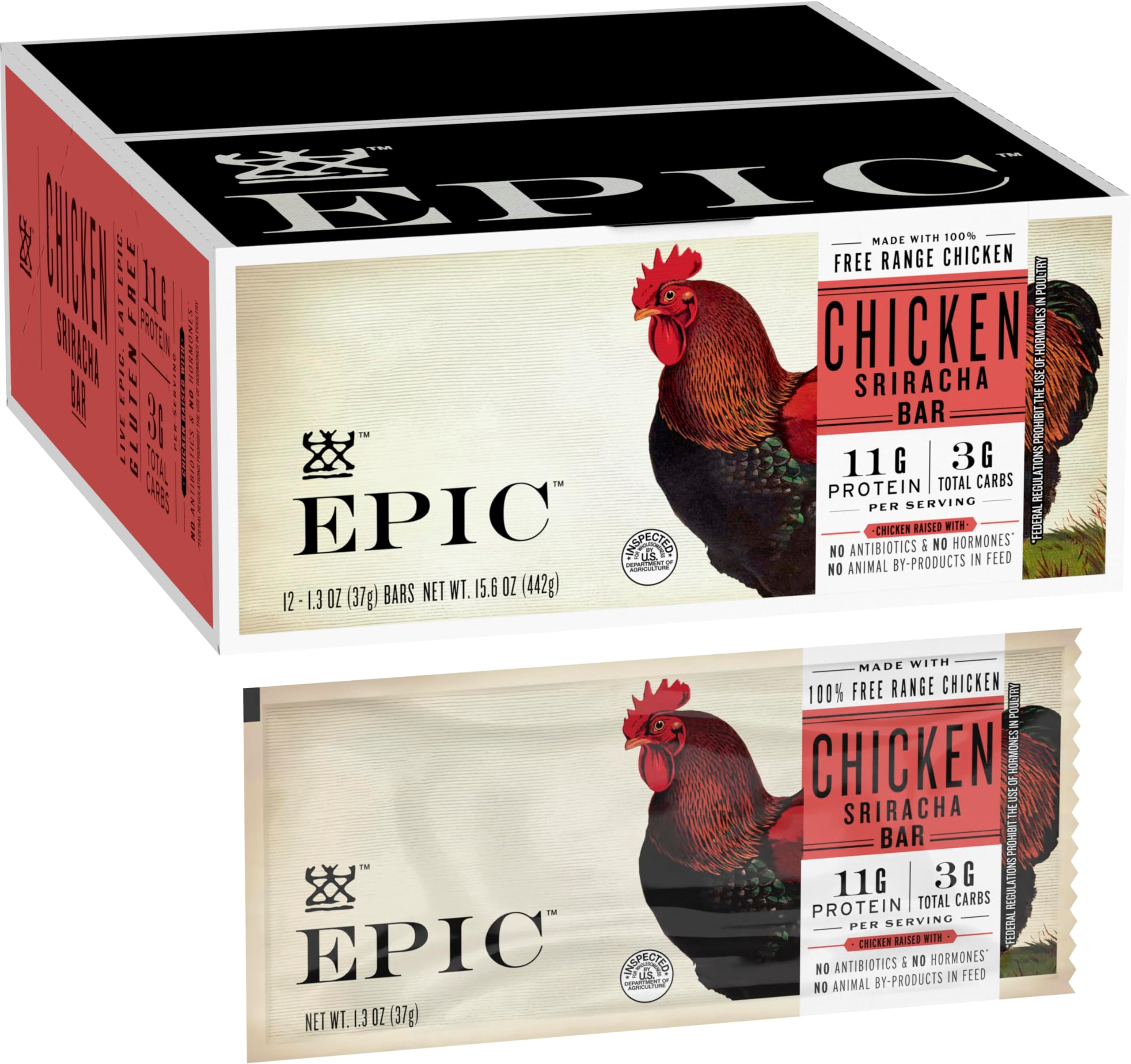 EPIC Protein Bars, Chicken Sriracha, Keto and Paleo Friendly, 1.3 oz, 12 ct