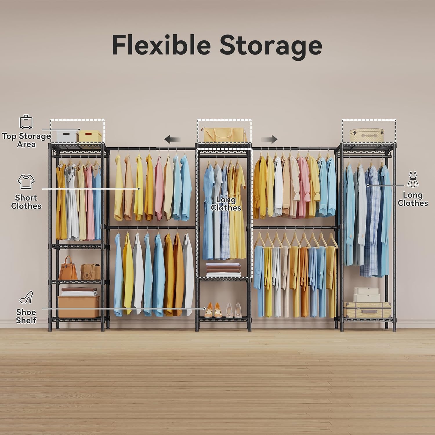 M2 Expandable Clothes Rack, Large Clothing Rack with 4 Extended Hanging Rods, Heavy Duty Garment Racks for Reach-in Closet System, Black Closet Extandable from 8'4"-11'2", Max Load 1000LBS