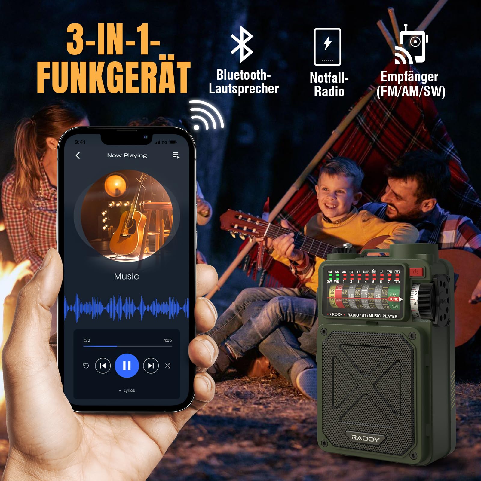 Raddy RE40 Kurzwellenradio FM-AM-SW Empfänger, 4000mAh Retro Radio Batteriebetrieben BT Lautsprecher Kurbelradio, mit Weißem Rauschen, SOS, Unterstützung USB, Micro SD Karte