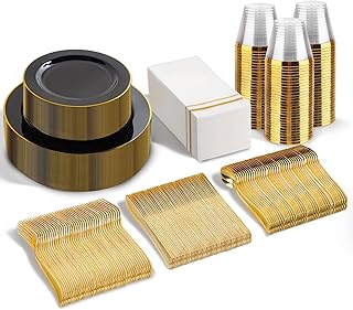 SUT 350-Piece Black and Gold Disposable Plates - Elegant Plastic Dinnerware for 50 Guests, Includes Cups & Napkins | Durable Leak-Proof Design for Weddings, Birthdays, Holidays