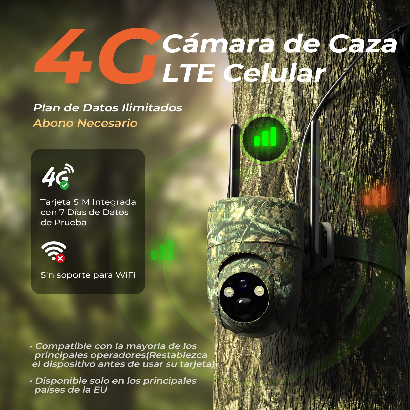 SEHMUA 4G Cámara Vigilancia Exterior con SIM, Camara Fototrampeo 4G Solar sin WiFi, 2K Camara Caza con Tarjeta Sim, Detección Humana PIR, Visión Nocturna, IP66, PTZ 355°/90°, Audio de Dos Vías