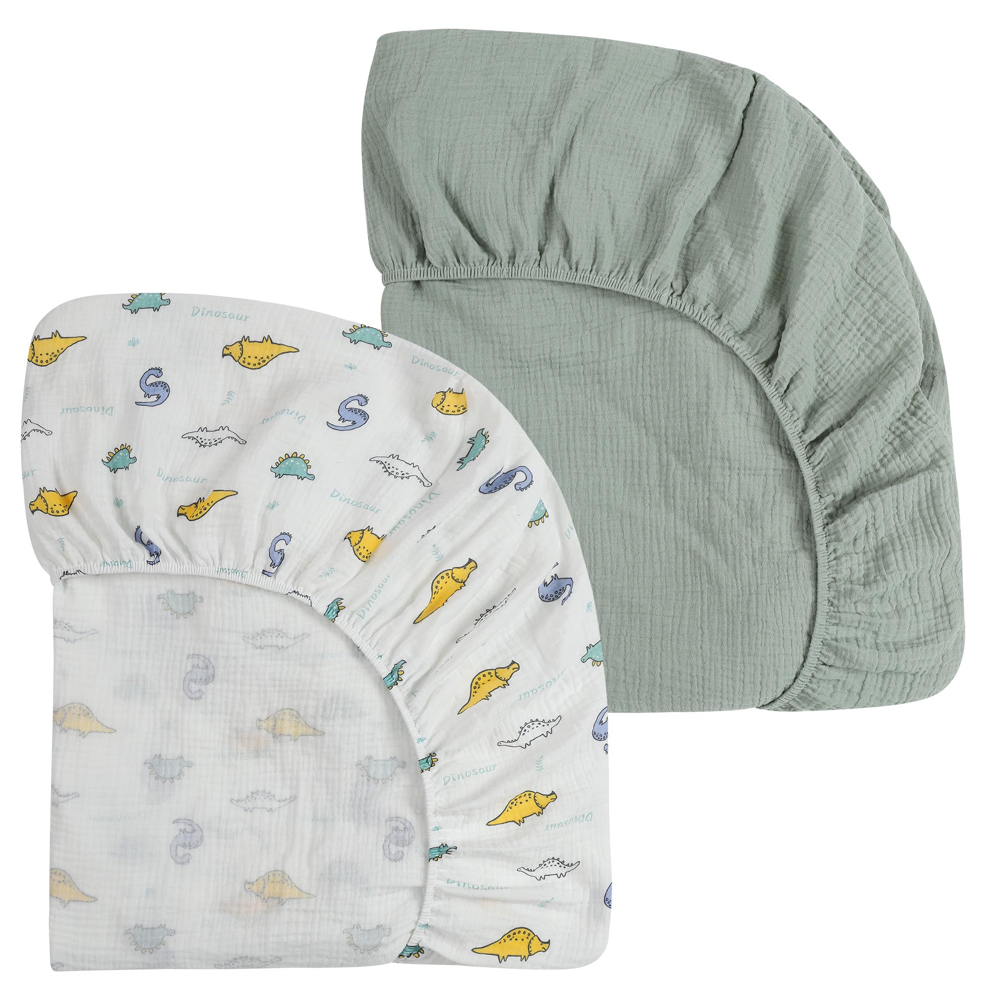 Onacosht Muslin Mini Crib Sheets, 39" x 27", 2 Pack, Dinosaur &amp; Light Green