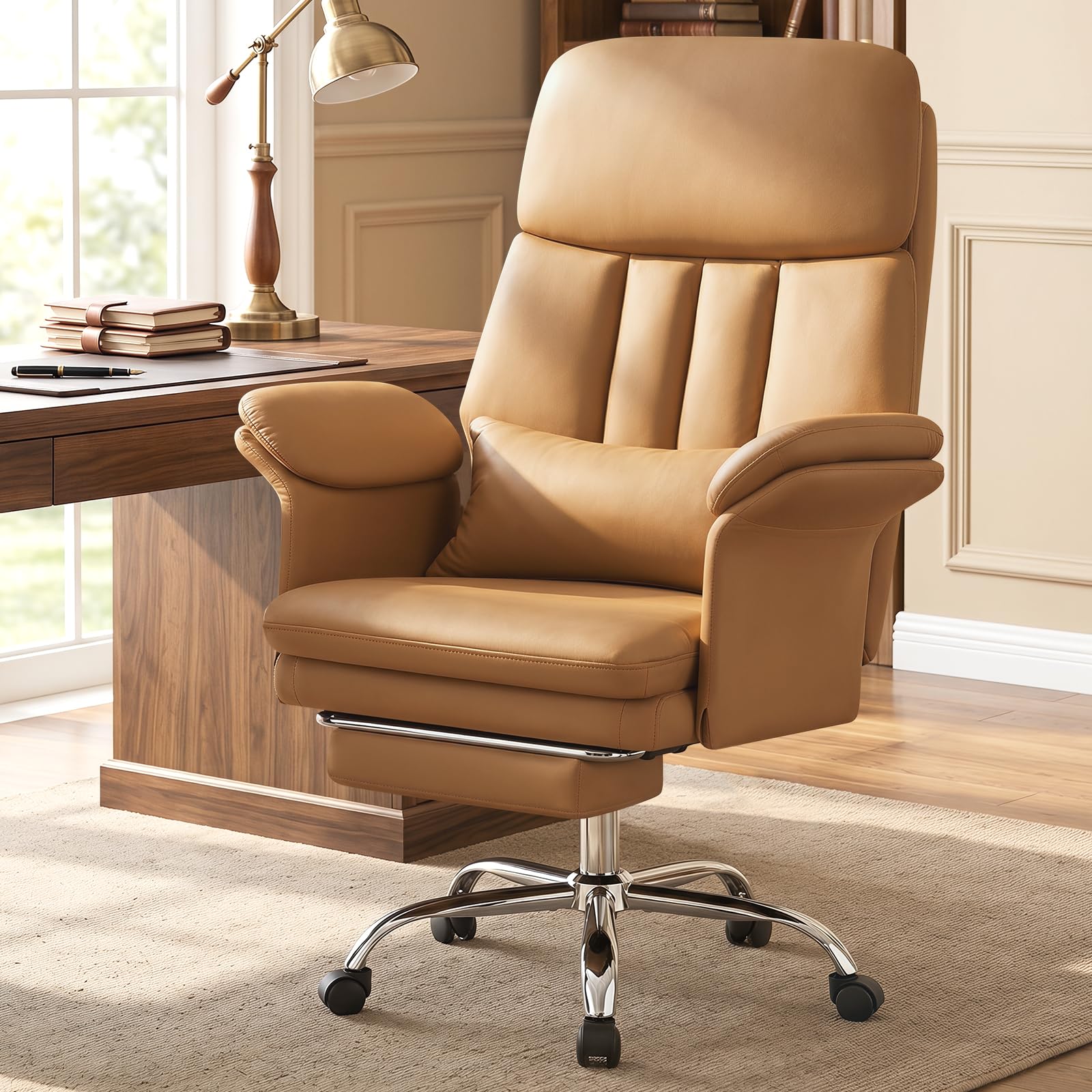 Executive Leather Office Chair with Footrest - High Back Ergonomic Desk Chair, Comfortable Lumbar Support, Soft Armrests, Adjustable Height Rocking Swivel Task Chair, Brown