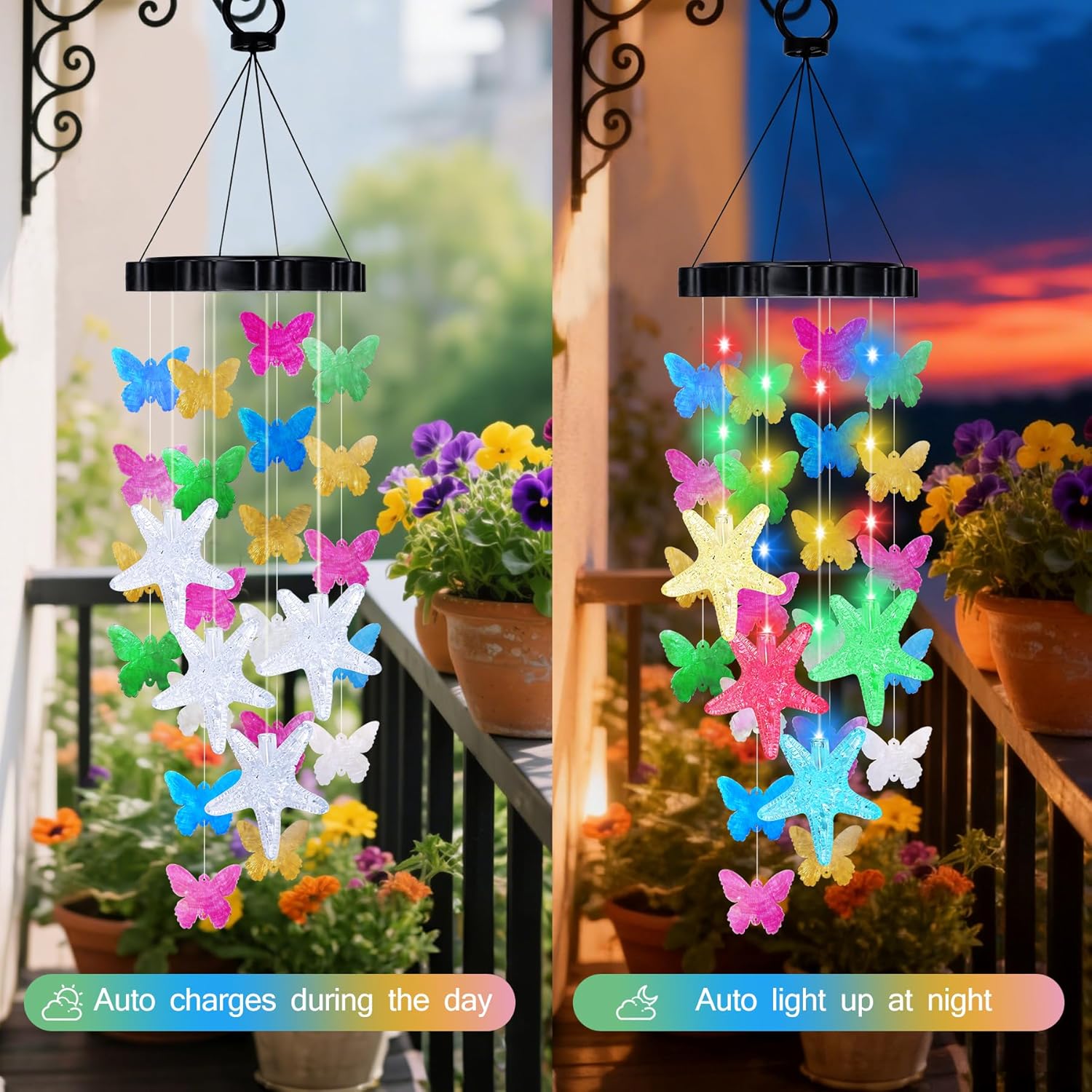 Butterfly Starfish Solar Wind Chimes Hanging Decorative Lights for Outside Outdoor Mobile Wind Chime for Porch Deck Garden Patio Decor, Gift for Women Mom Grandma Sister Wife Girlfriend Neighbors