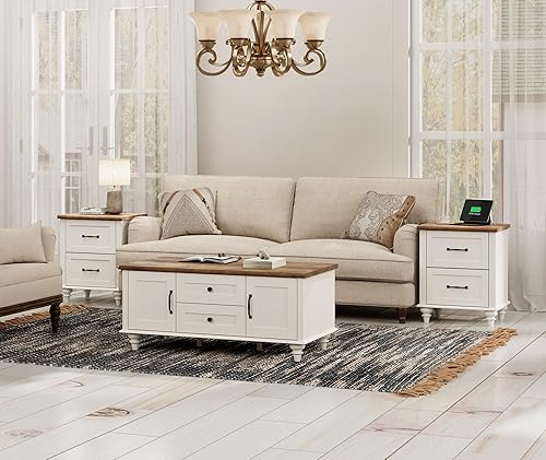 Miniatura 8 de WAMPAT Juego de 2 mesas auxiliares blancas con luz LED mesita de noche de mediados de siglo con cajón grande y estante abierto mesa auxiliar de