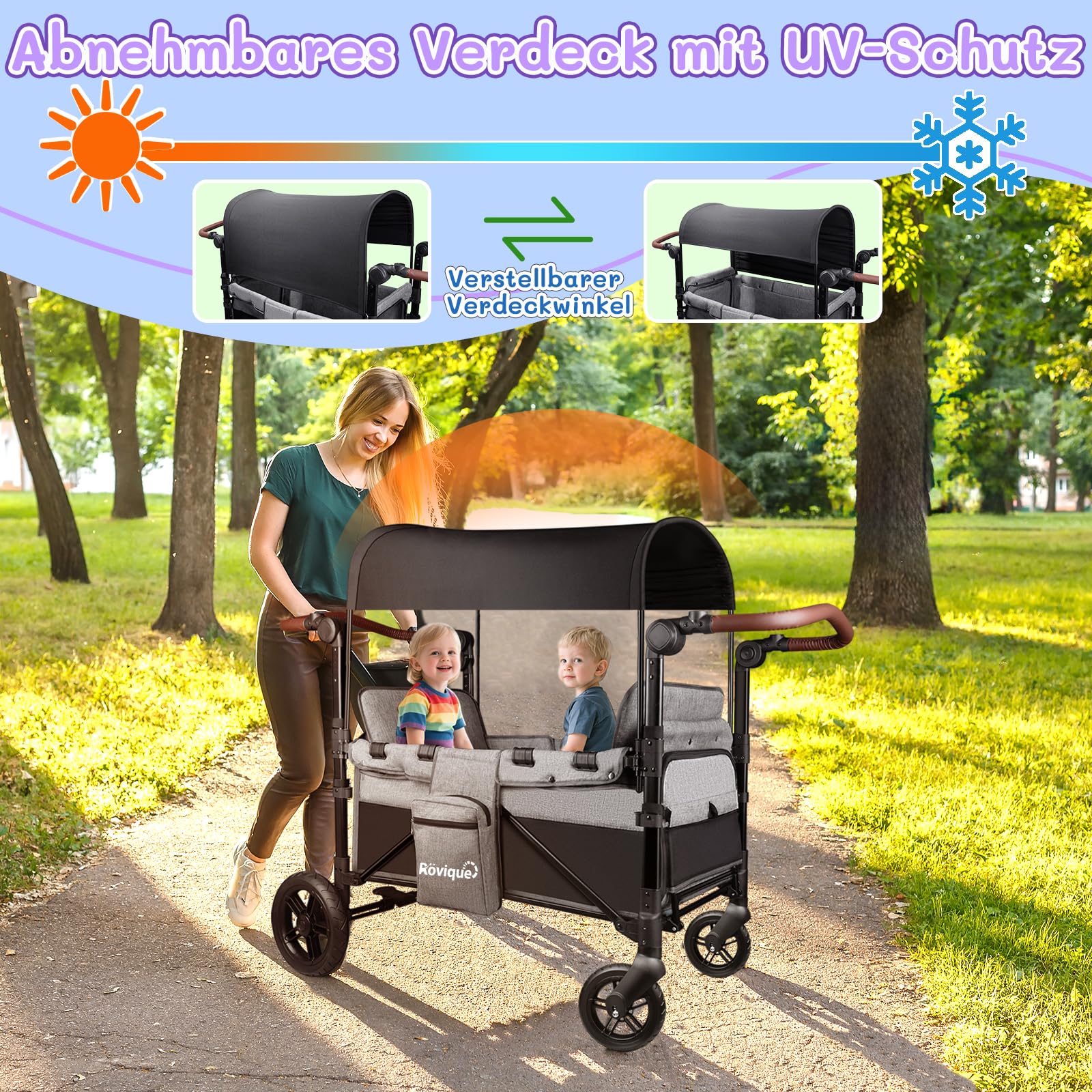 Rovique Bollerwagen faltbar mit 2 Sitze,Premium Bollerwagen für 2 Kinder mit Dach Kinderwagen Handwagen mit 5-Punkt-Gurt,Snack Tablett,Sonnenschutzdach,geländegängigen PU-Rädern,grau