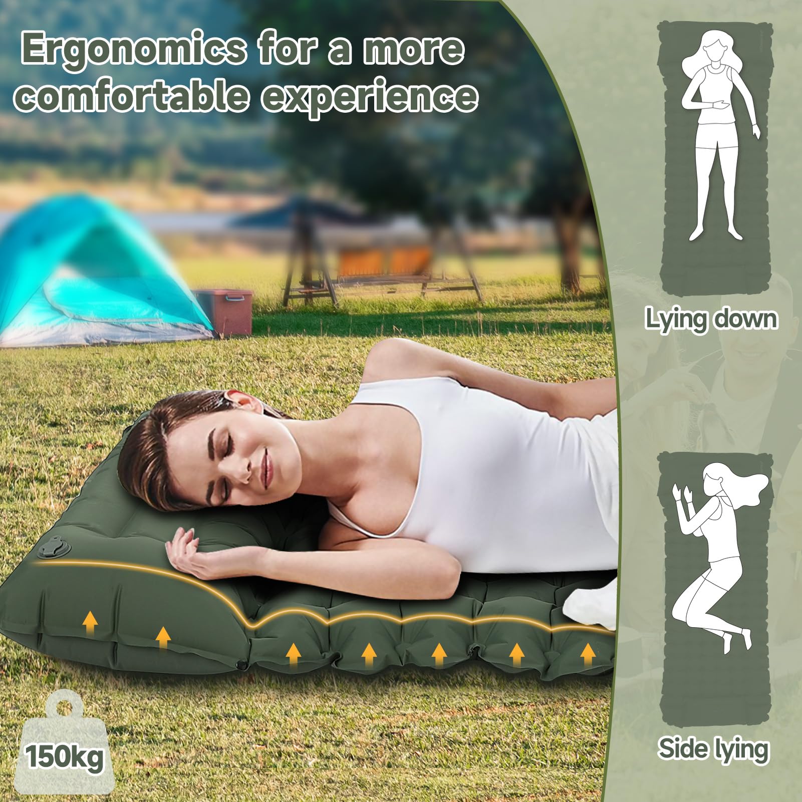 HAUSPROFI Materassino ad aria, 10 cm, ultraleggero, materassino da campeggio, materassino gonfiabile, materasso ad aria con pompa a pedale e cuscino, per esterni, verde militare