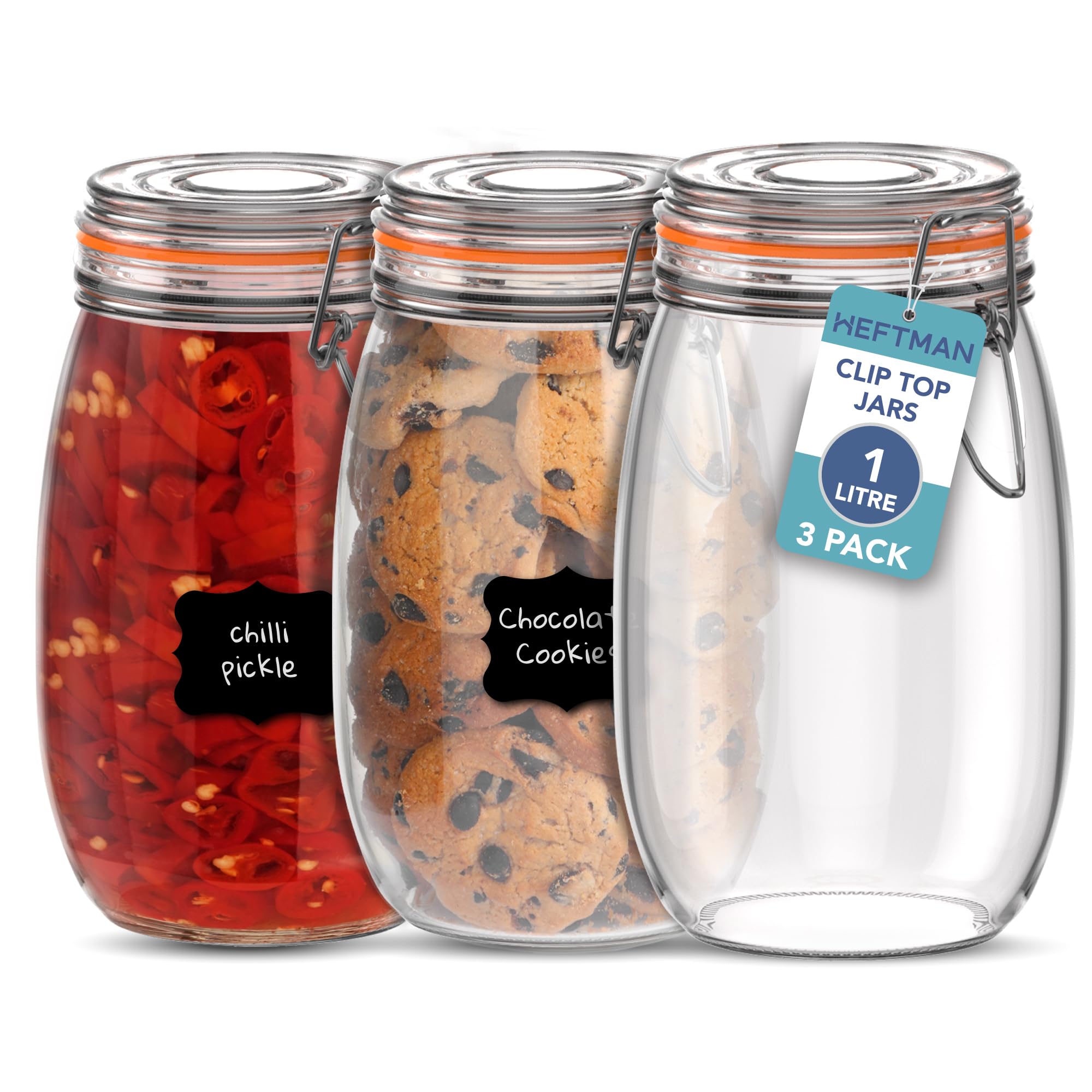 Heftman Transparent Glass Clip Top Jar Set Of 3, 1 Litre Airtight Glass Jars With Lids
