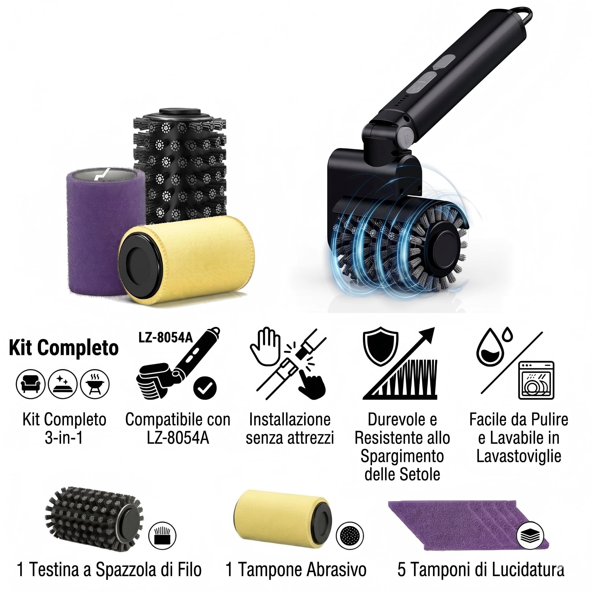 Testine di ricambio per spazzola elettrica per grill, kit di ricambio 3 in 1 per barbecue, include testina in filo di acciaio inossidabile, tampone per lucidatura e spugnetta abrasiva