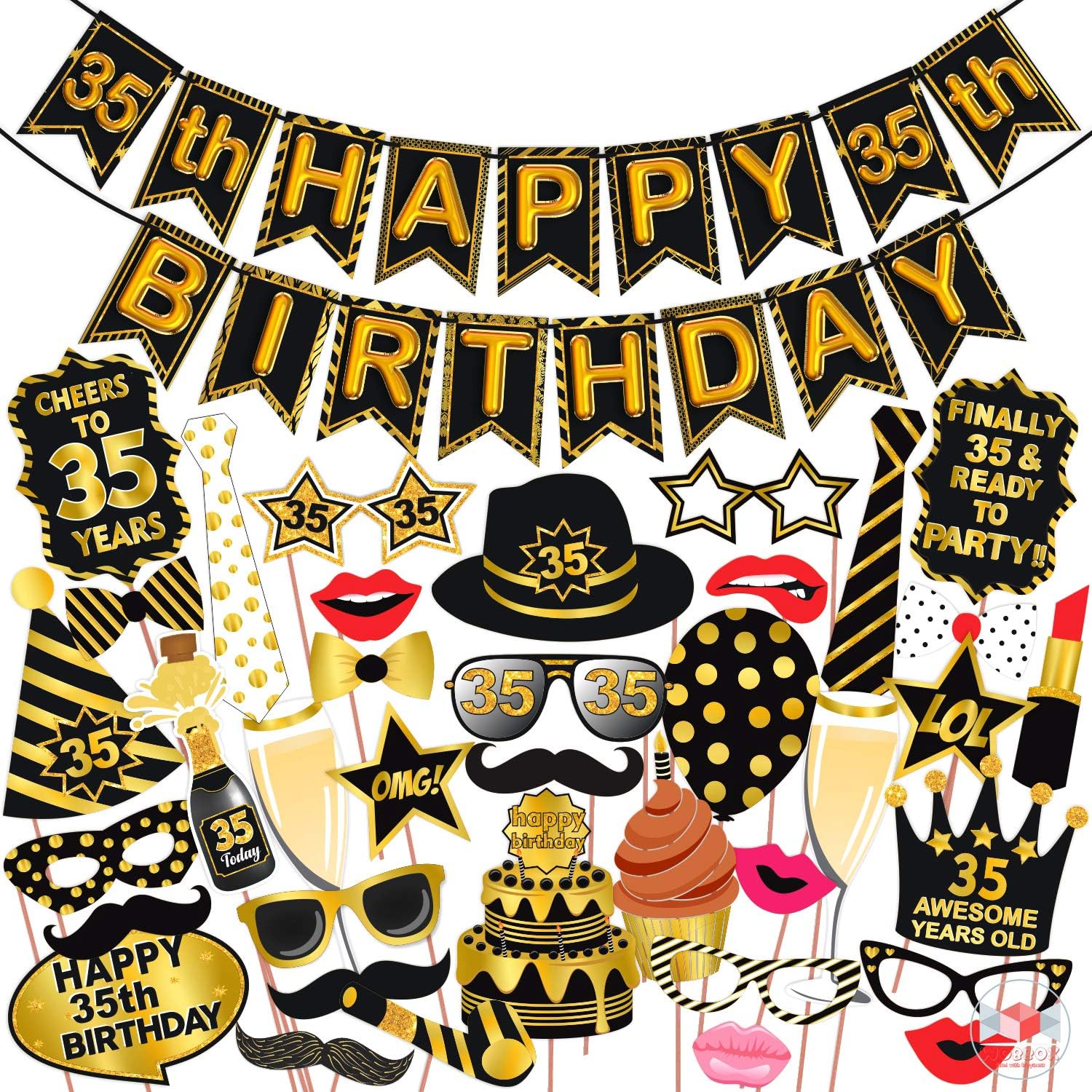 Wobbox 35th Birthday Photo Booth Party Props Black & Golden with 35th Birthday Bunting Banner, Birthday Party Decoration, Birthday Party Item, Birthday Party Props (B08Z24N83J) Amazon Price History, Amazon Price Tracker