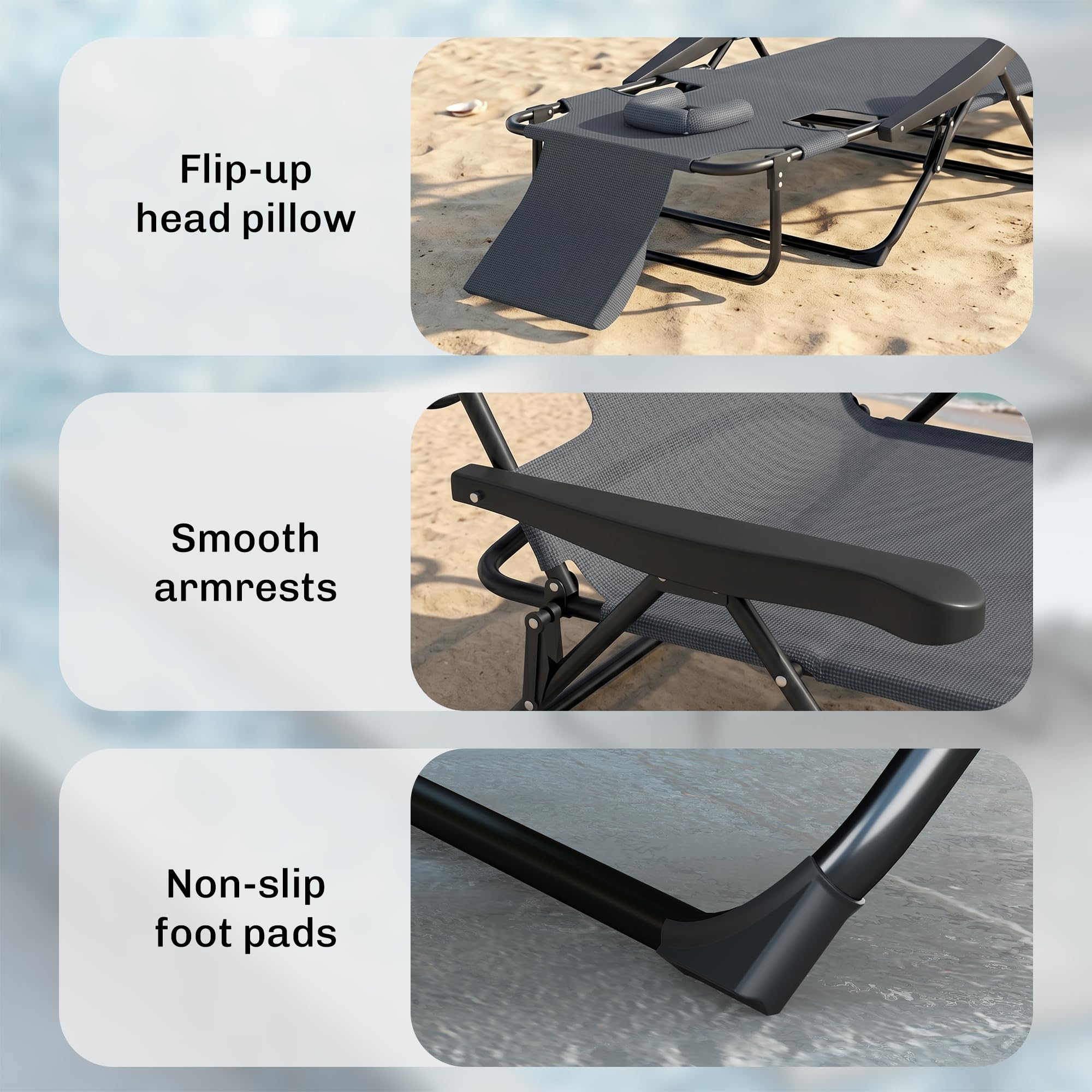 Outsunny Bain de Soleil Transat de Plage Pliable Appuie-Tête Gris | Trou de Lecture, Chaise Longue, Dossier Inclinable en Textilène, Jardin Extérieur, Camping, Piscine, Terrasse