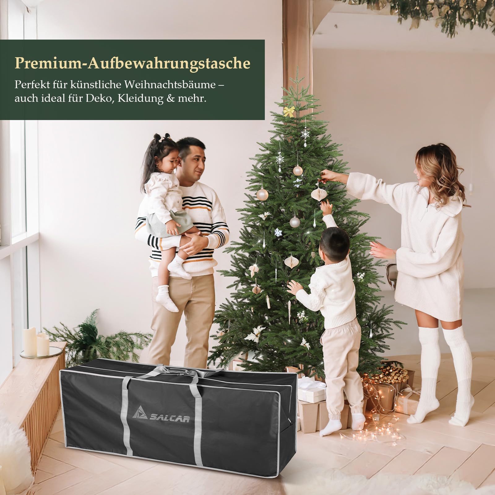 SALCAR Premium Künstlicher Weihnachtsbaum 180 cm – 100 % PE-Spritzguss, realistischer Stamm, schwer entflammbar, Stabiler Massivholzständer, inkl. Aufbewahrungstasche
