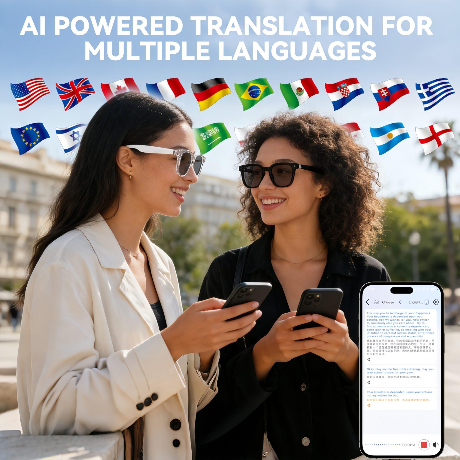 Lunettes intelligentes, lunettes de soleil audio avec haut-parleur, lunettes Bluetooth avec commande vocale et oreille ouverte, lunettes d'enregistrement avec traduction