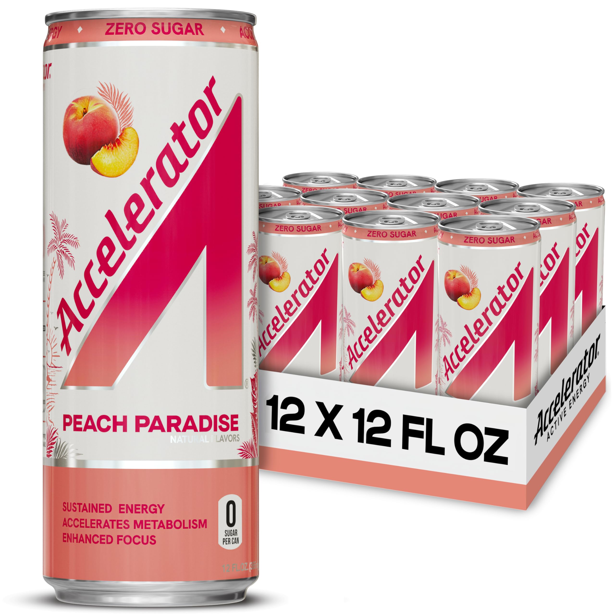 Accelerator Energy Drink, Peach Paradise 12oz can (12 pack), Zero Sugar, Sustained Energy from 100% Natural Caffeine (200mg from Green Coffee Bean & Green Tea extract)