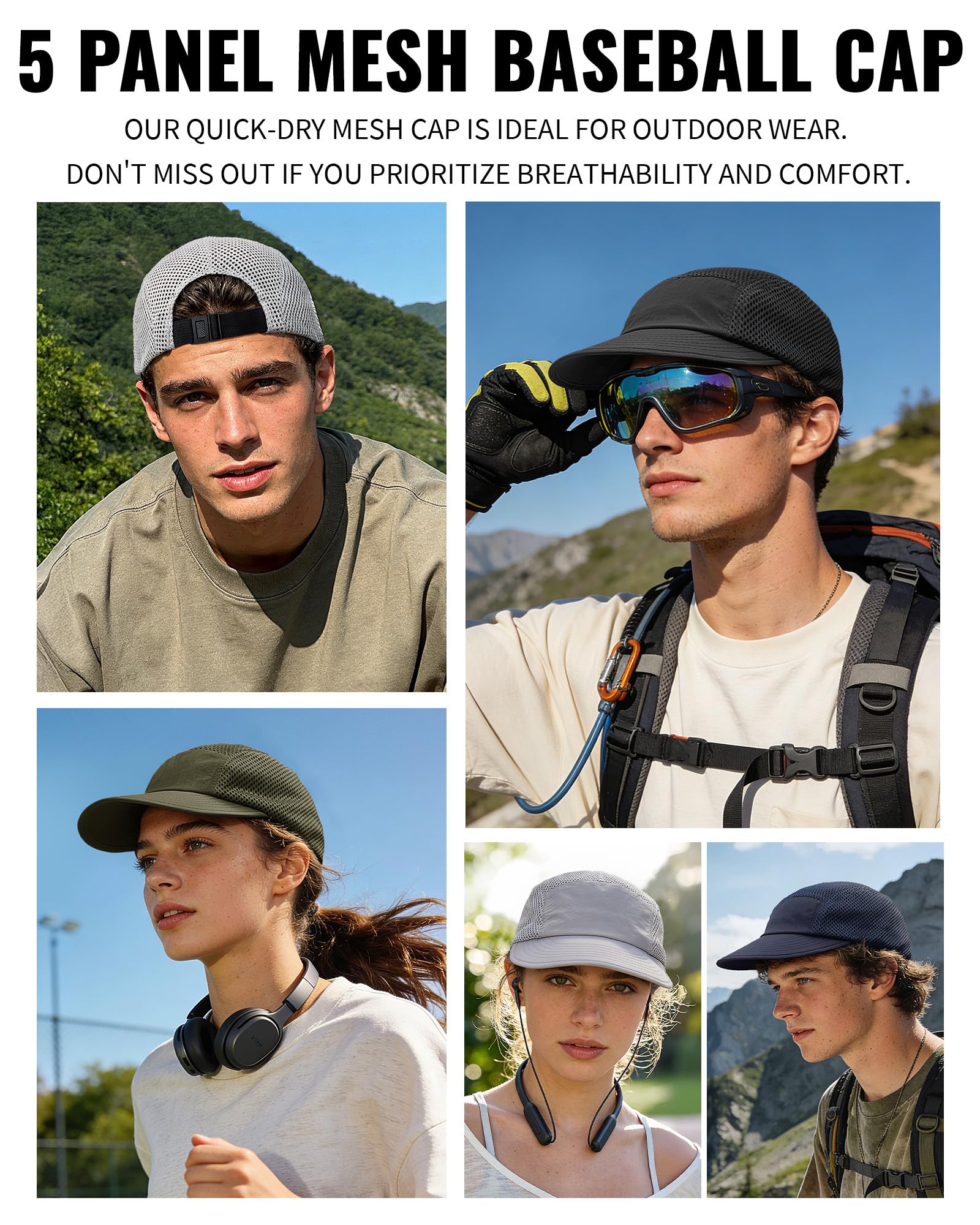 Croogo Cappello da baseball regolabile in rete a 5 pannelli, leggero, traspirante, ad asciugatura rapida, stile hip hop, cappello piatto, Asbh02-grigio scuro, Taglia unica