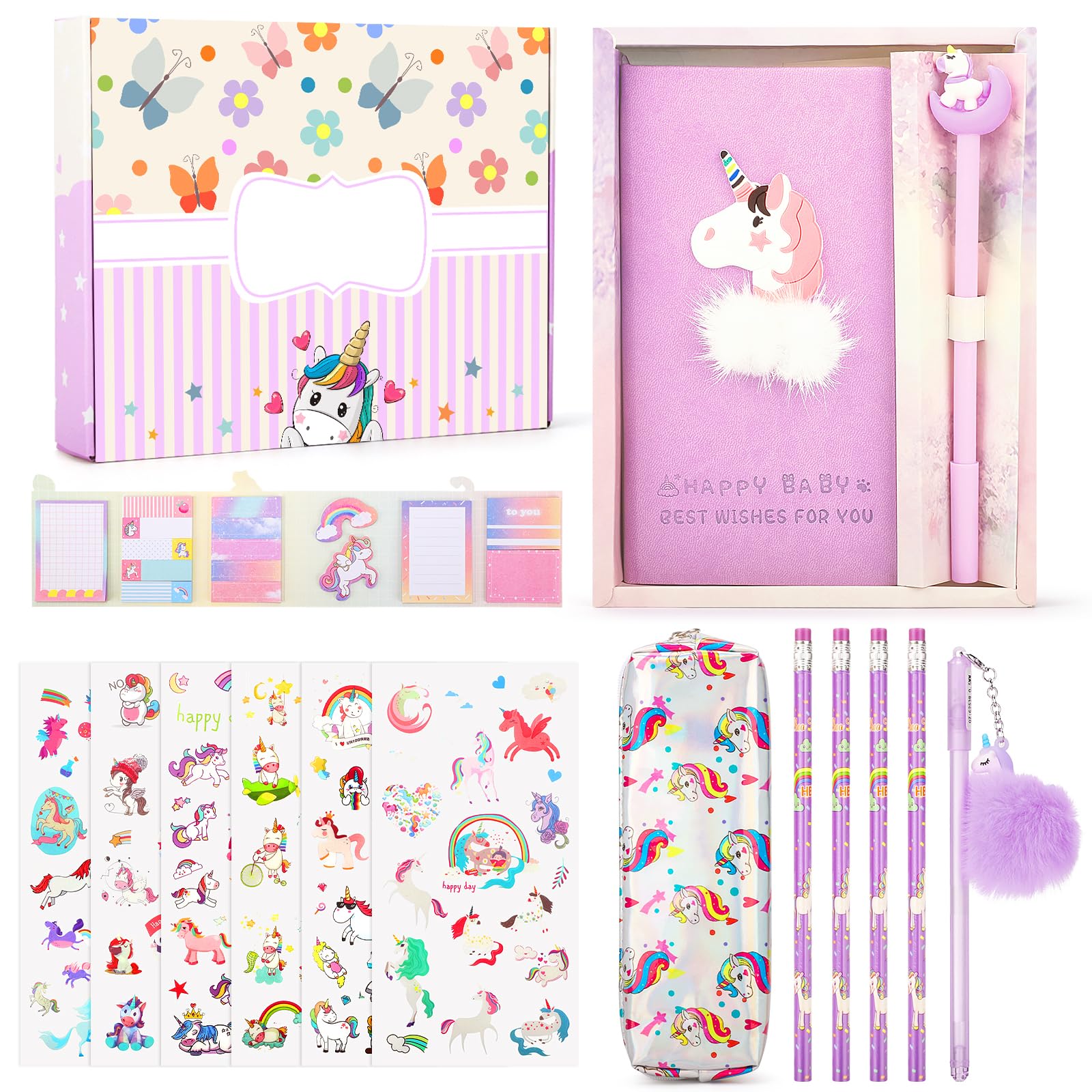Maomaoyu Unicornios Regalo Niña 4 5 6 7 8 9 10 Años, Set de Papelería Unicornio para Niña, Unicornio Juguete con Cuaderno, Estuche Escolar, Pegatina, Notas Adhesivas, Morado