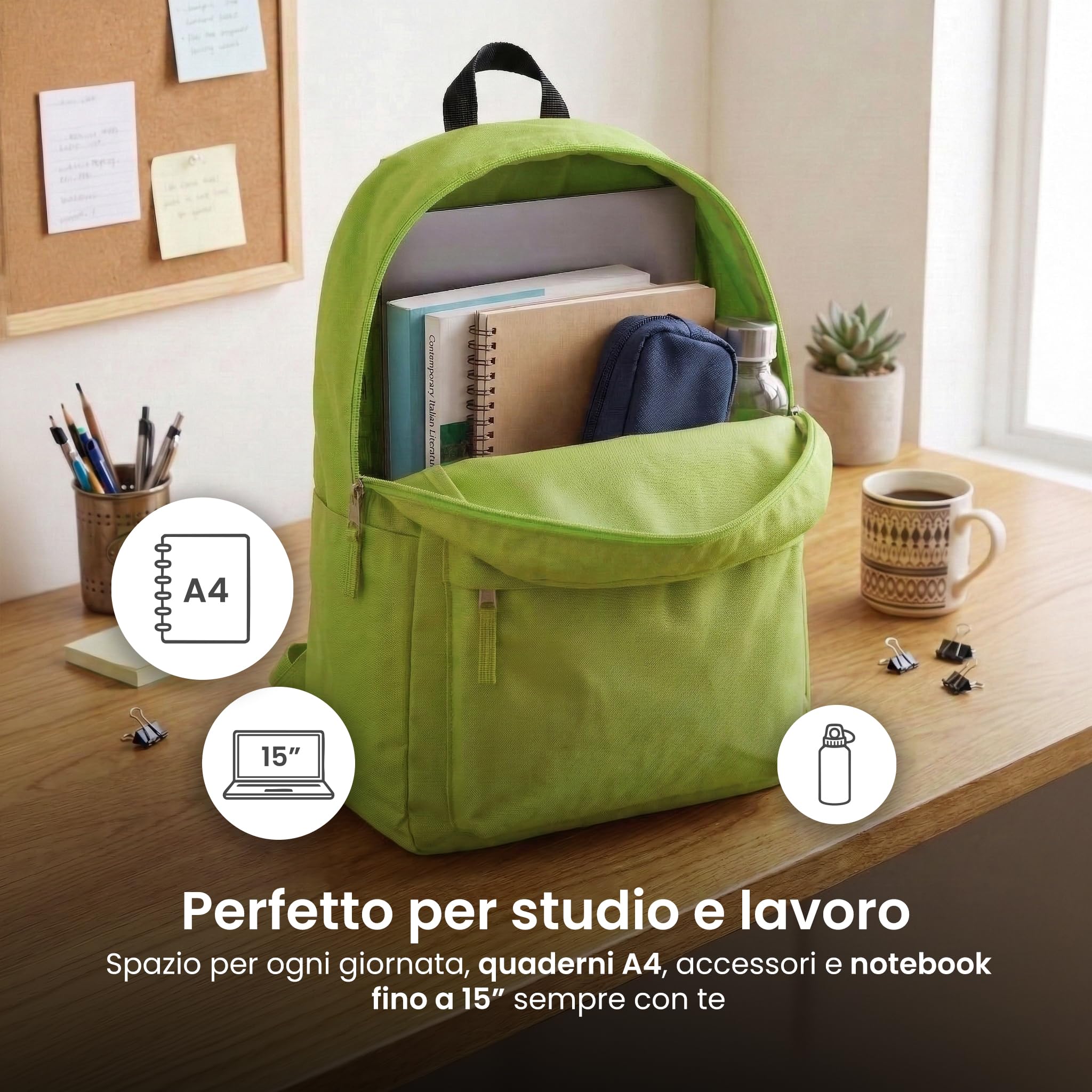 TECHMADE Zaino Scuola/Casual Unisex Multifunzionale 30x15x40 cm – IDEALE PER: Lavoro, Scuola, Ufficio, Tasche, Tempo Libero, Tasche Multiple e Cerniere Resistente - Poliestere 600D PVC (Verde Lime)