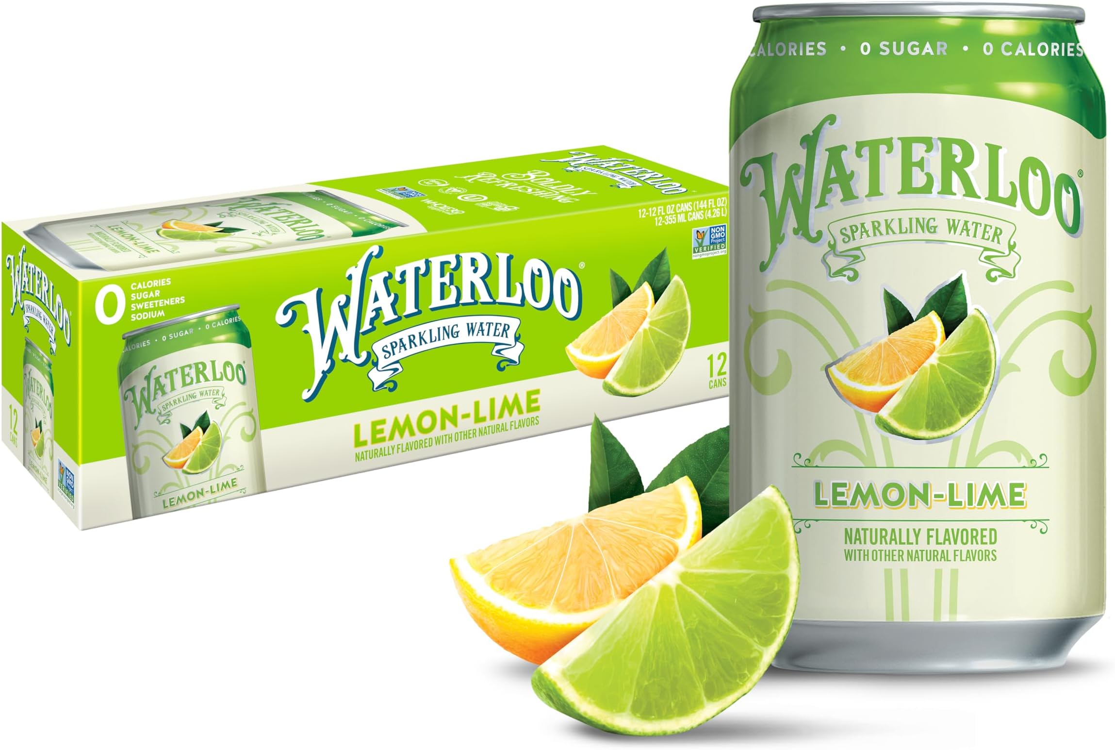 Waterloo Lemon-Lime Sparkling Water - Organic - 12 Pack x 355ml - 0 Sugar, 0 Calories, Non-GMO, Gluten Free, BPA Free, Vegan,Whole30, Kosher, No Artificial Sweetener, Soda & Tonic Replacement …